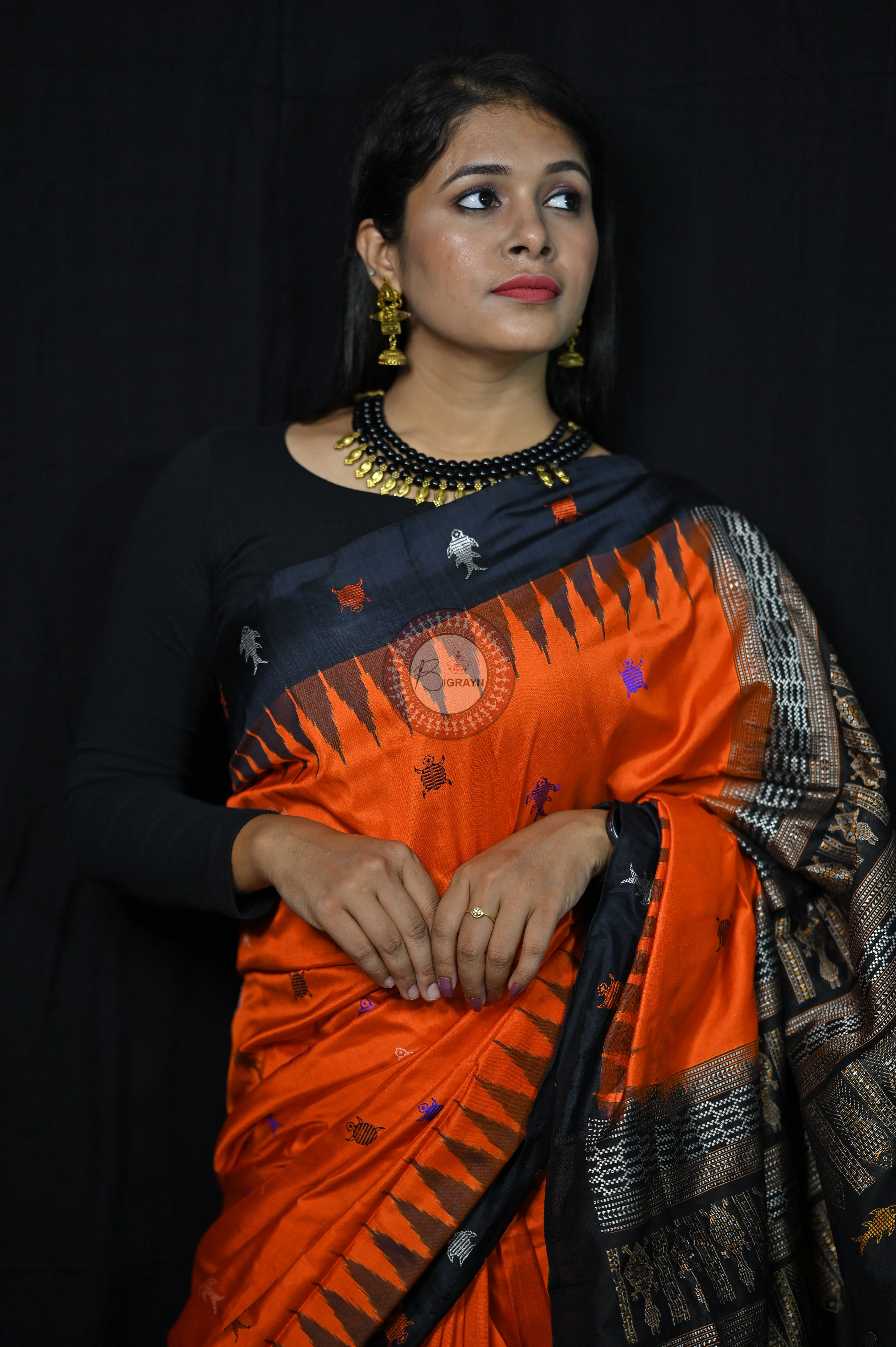 Mastya kachhap Orange Black Bomkai Silk Saree