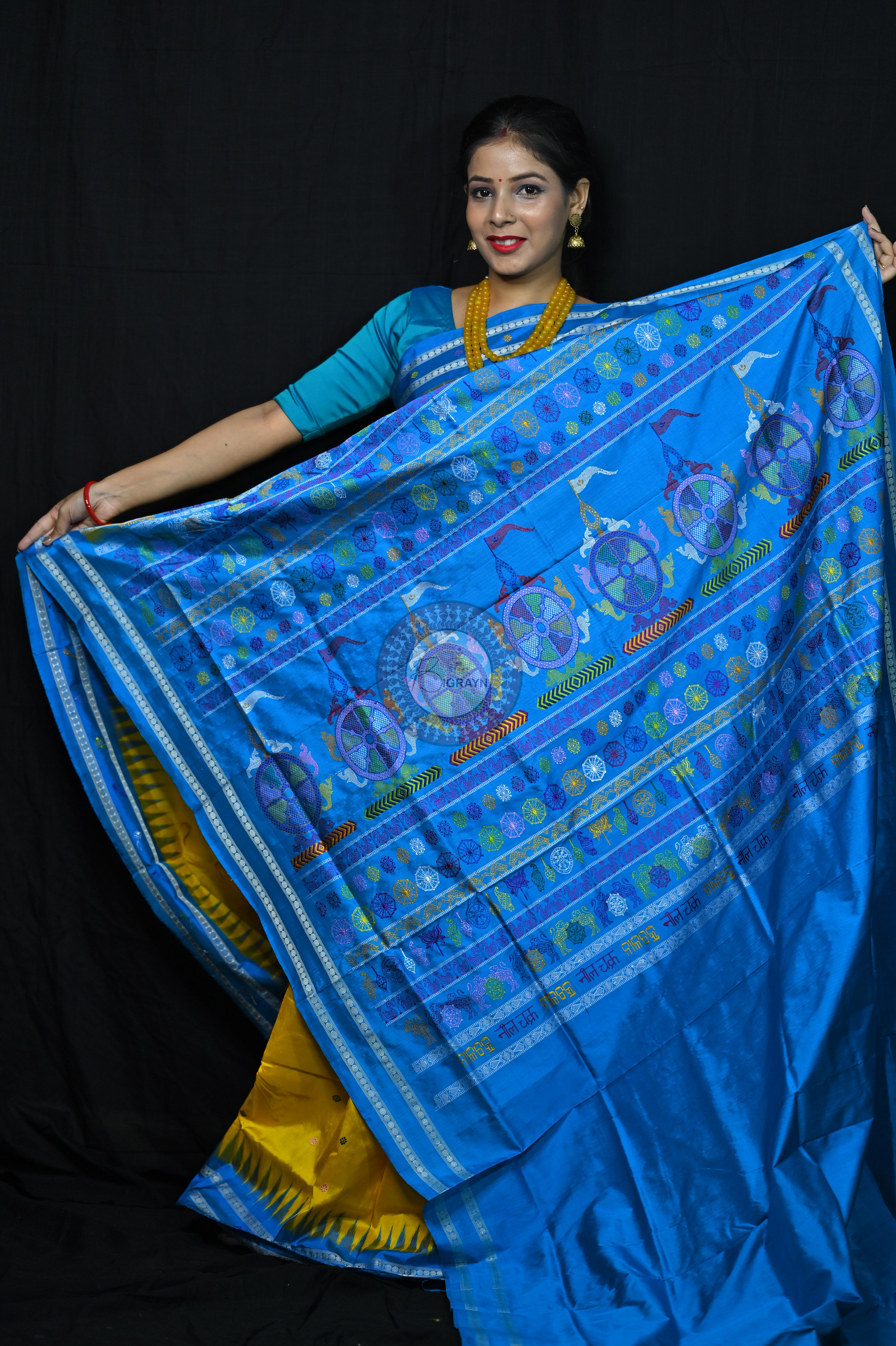 Yellow Blue Nila Chakra Sambalpuri Silk Saree