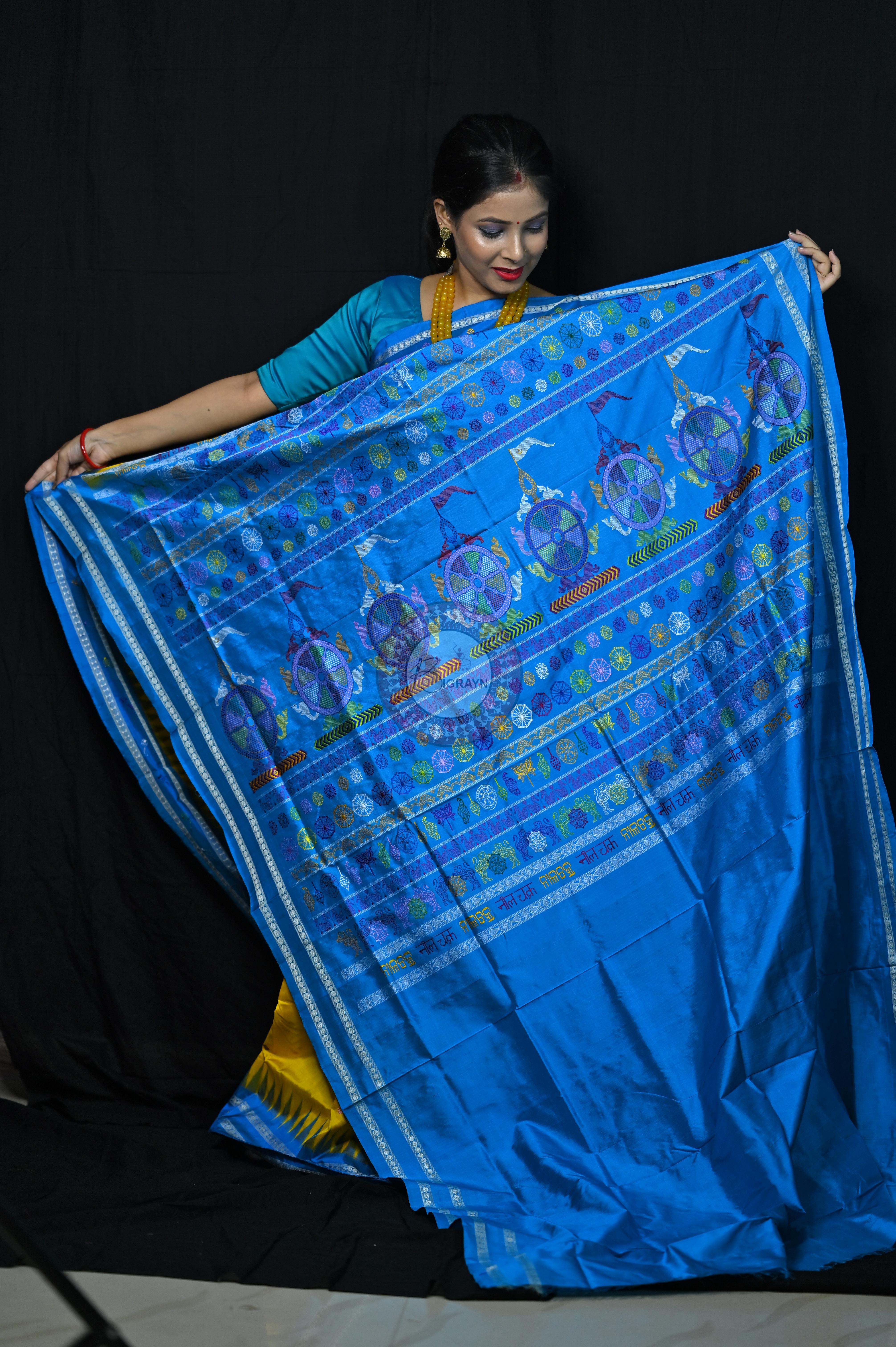 Yellow Blue Nila Chakra Sambalpuri Silk Saree