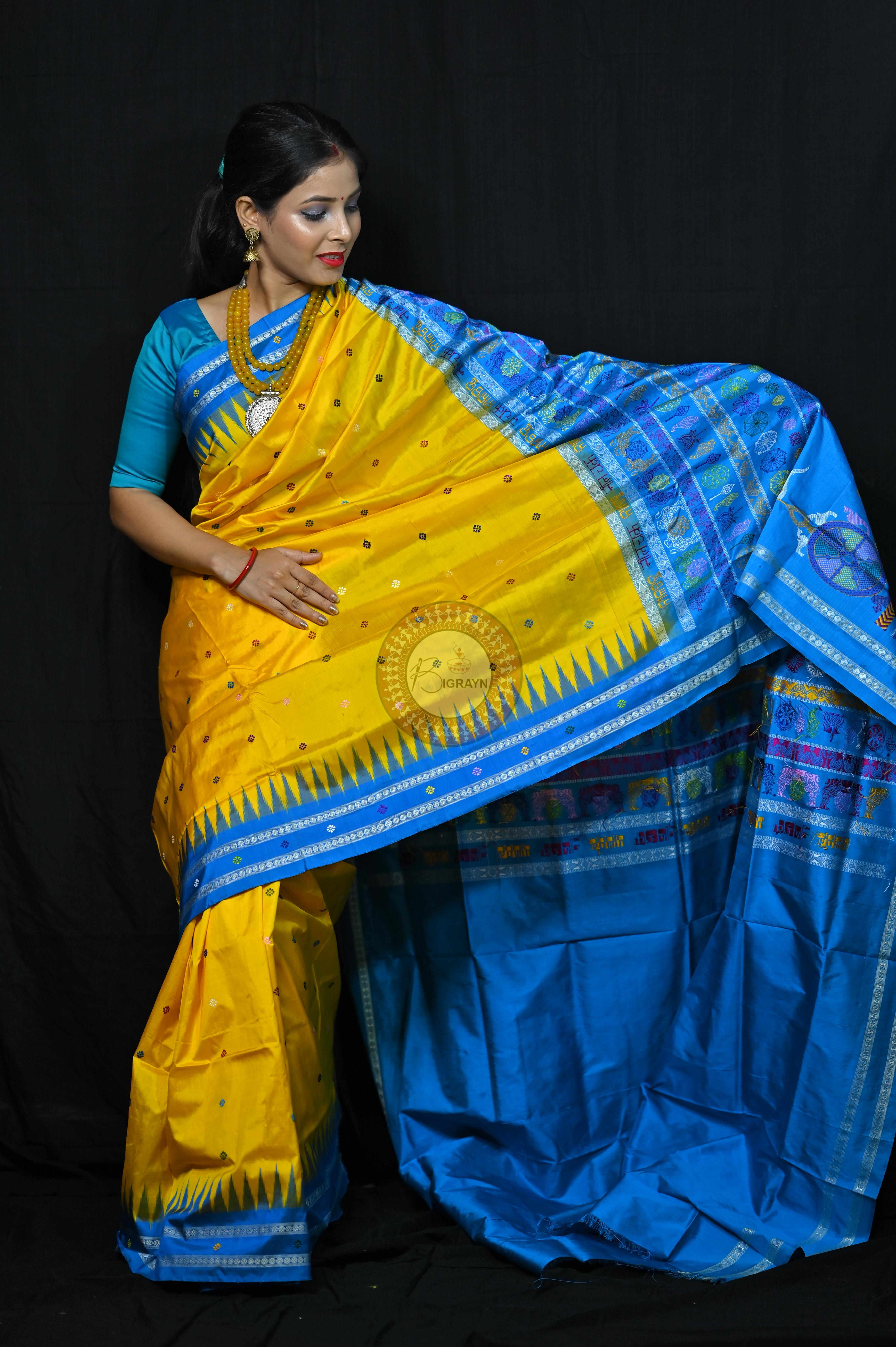 Yellow Blue Nila Chakra Sambalpuri Silk Saree