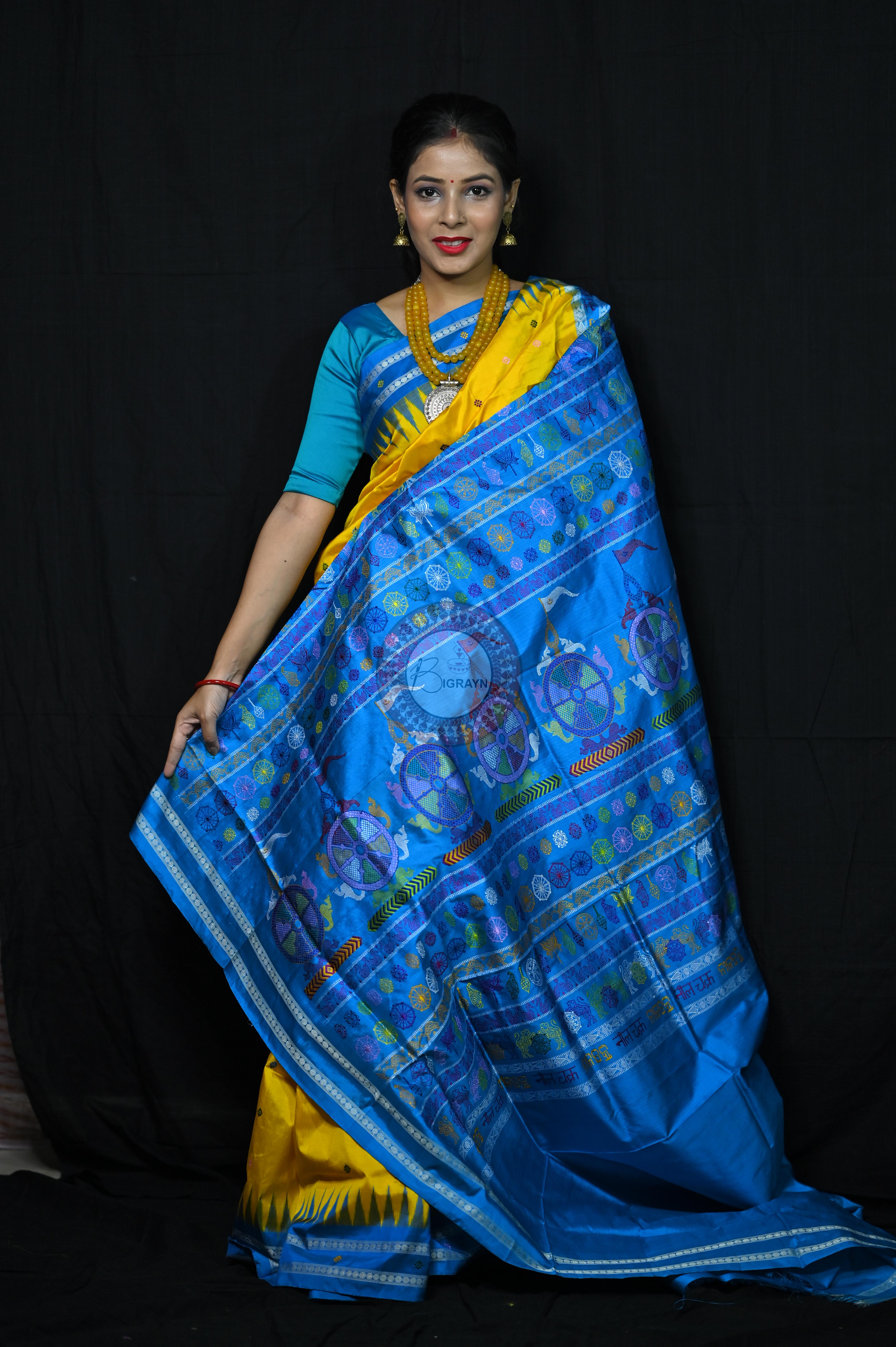 Yellow Blue Nila Chakra Sambalpuri Silk Saree