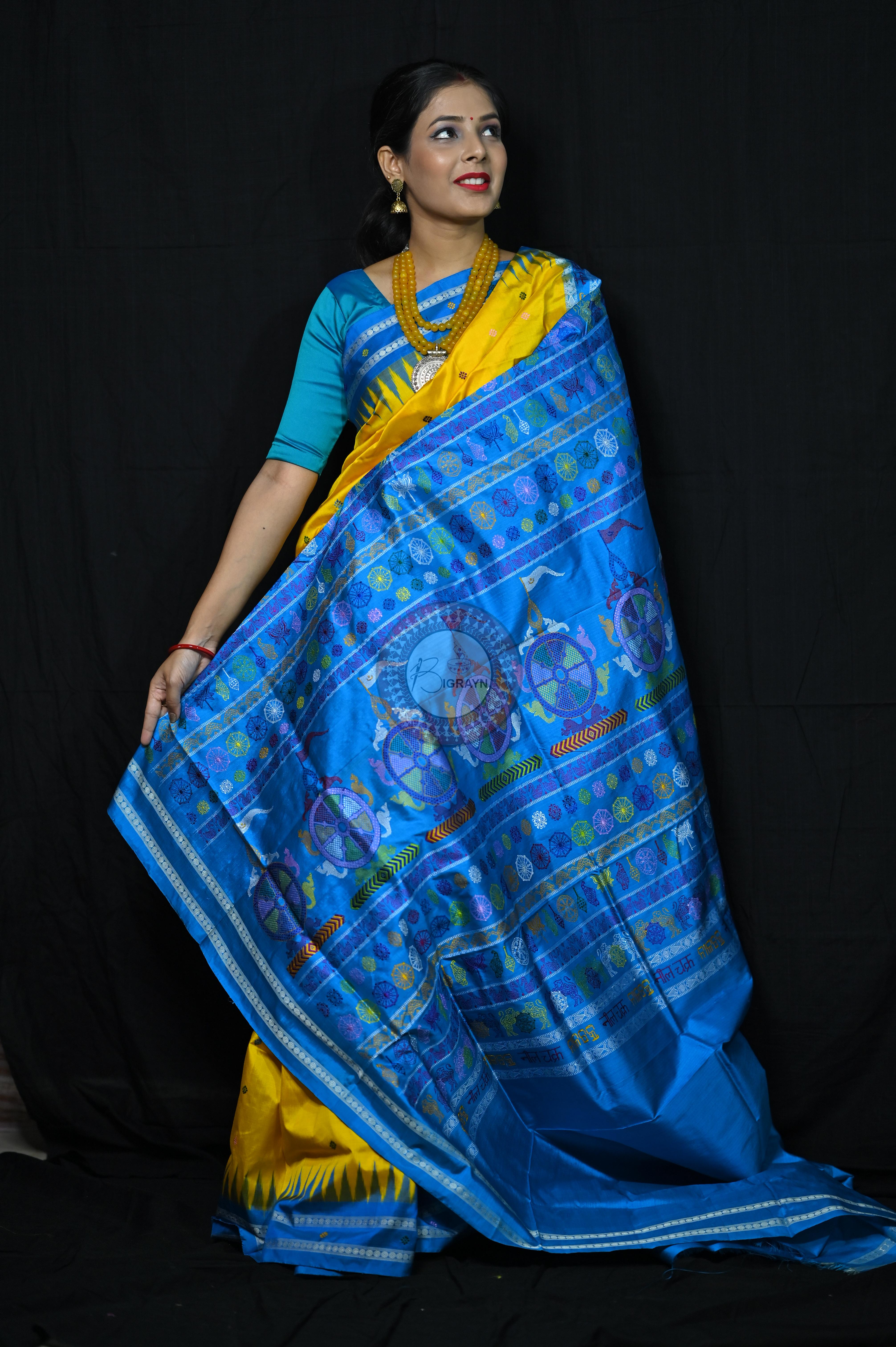 Yellow Blue Nila Chakra Sambalpuri Silk Saree