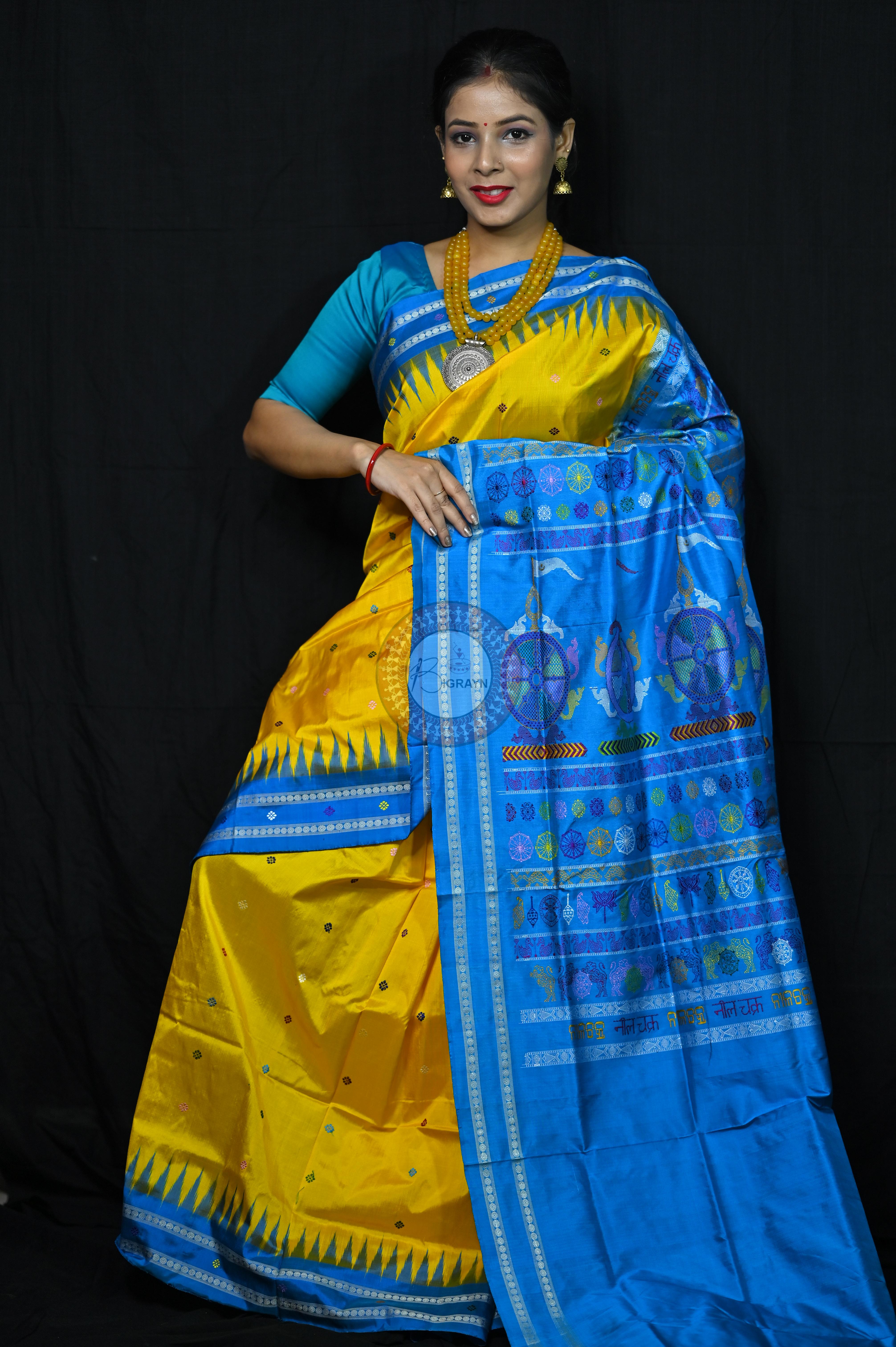 Yellow Blue Nila Chakra Sambalpuri Silk Saree