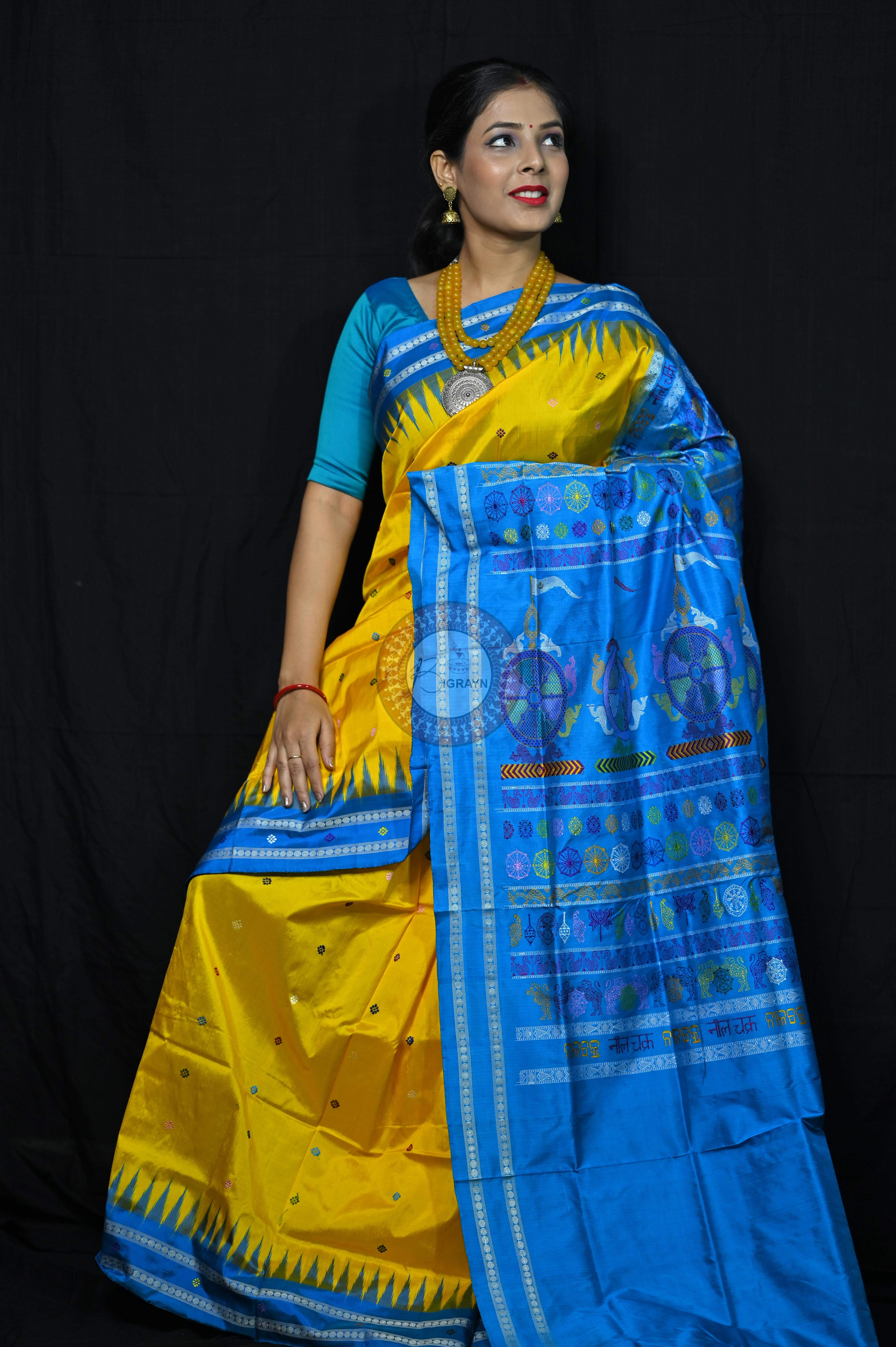 Yellow Blue Nila Chakra Sambalpuri Silk Saree