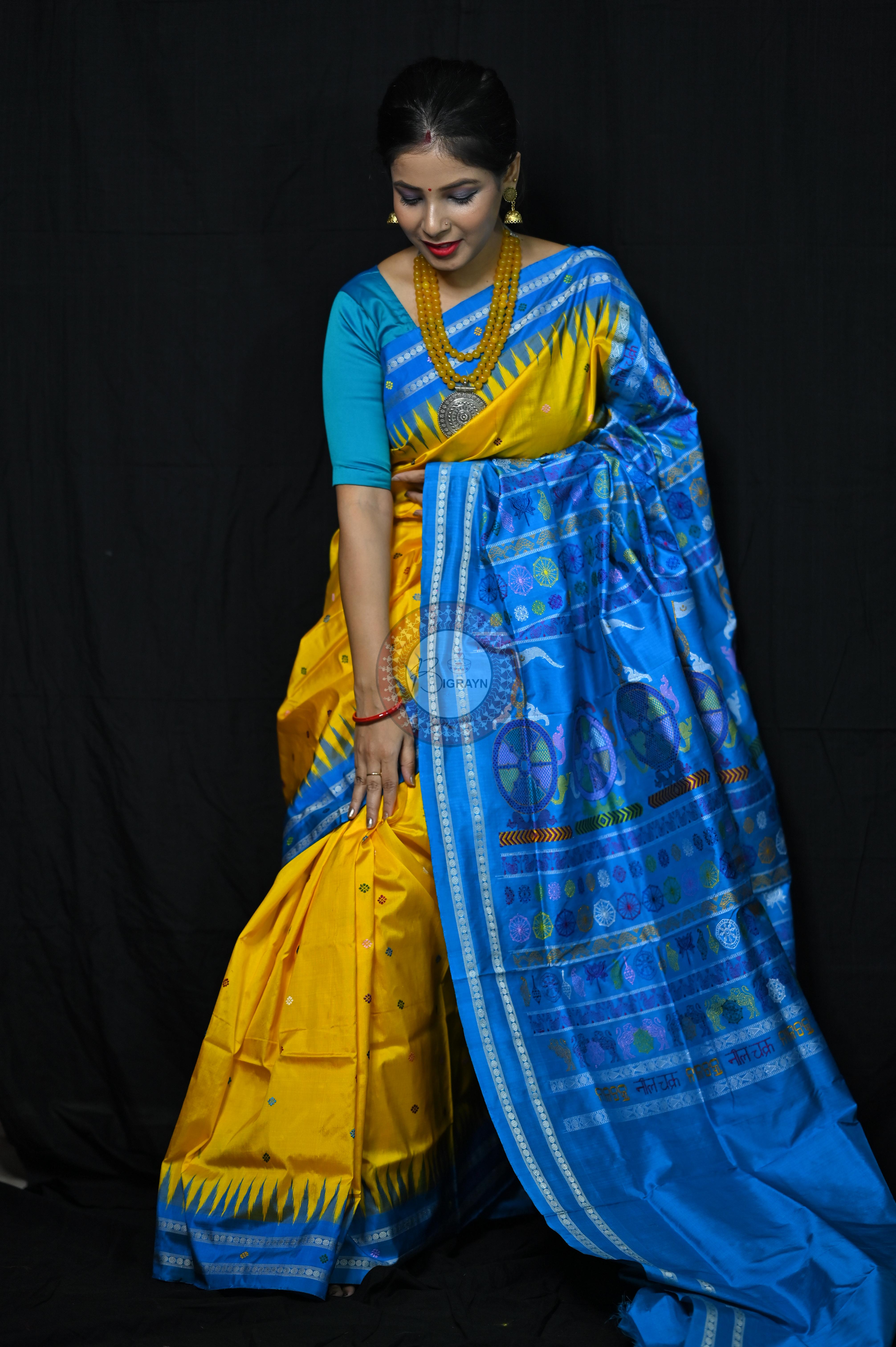 Yellow Blue Nila Chakra Sambalpuri Silk Saree