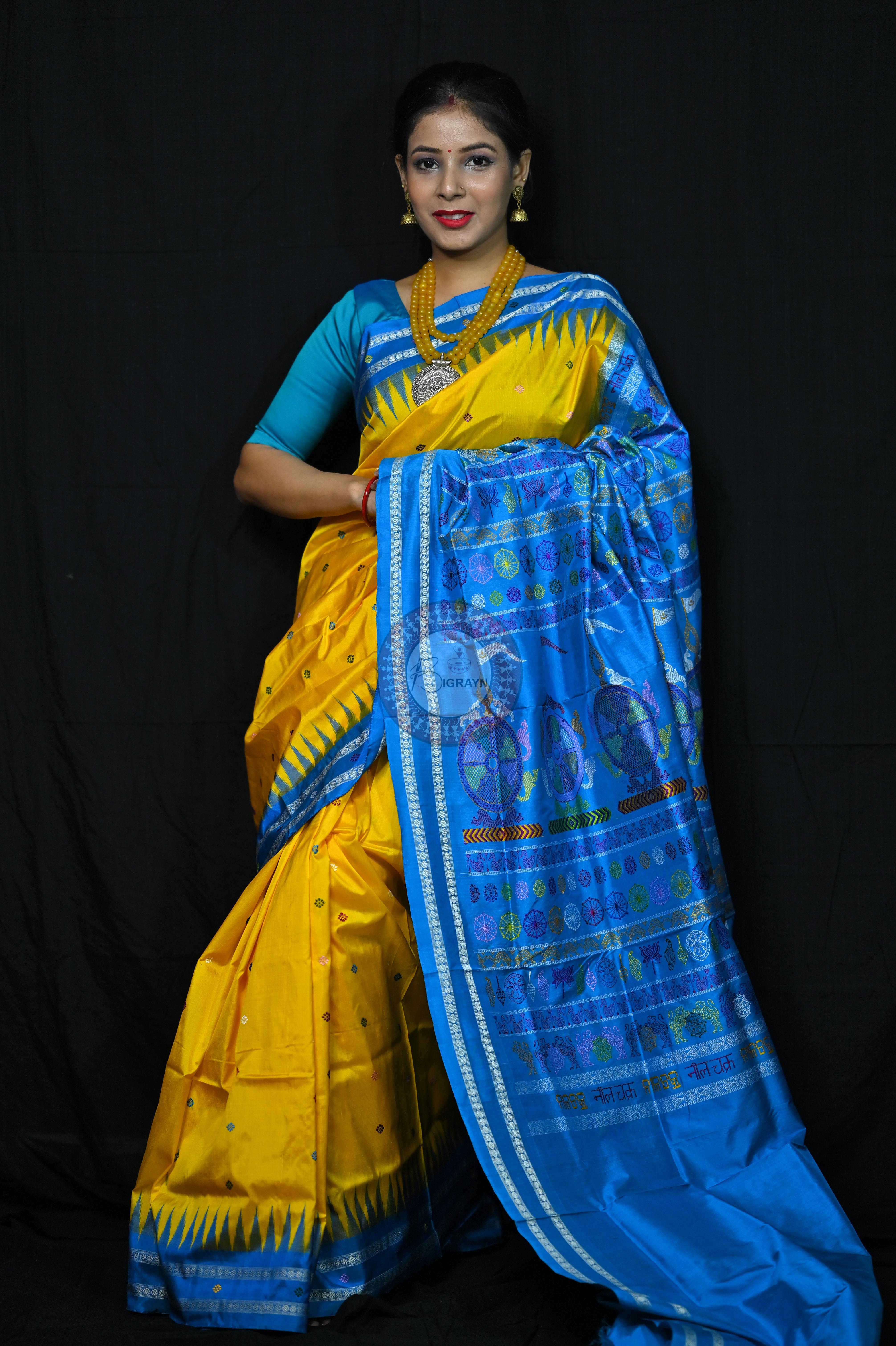 Yellow Blue Nila Chakra Sambalpuri Silk Saree