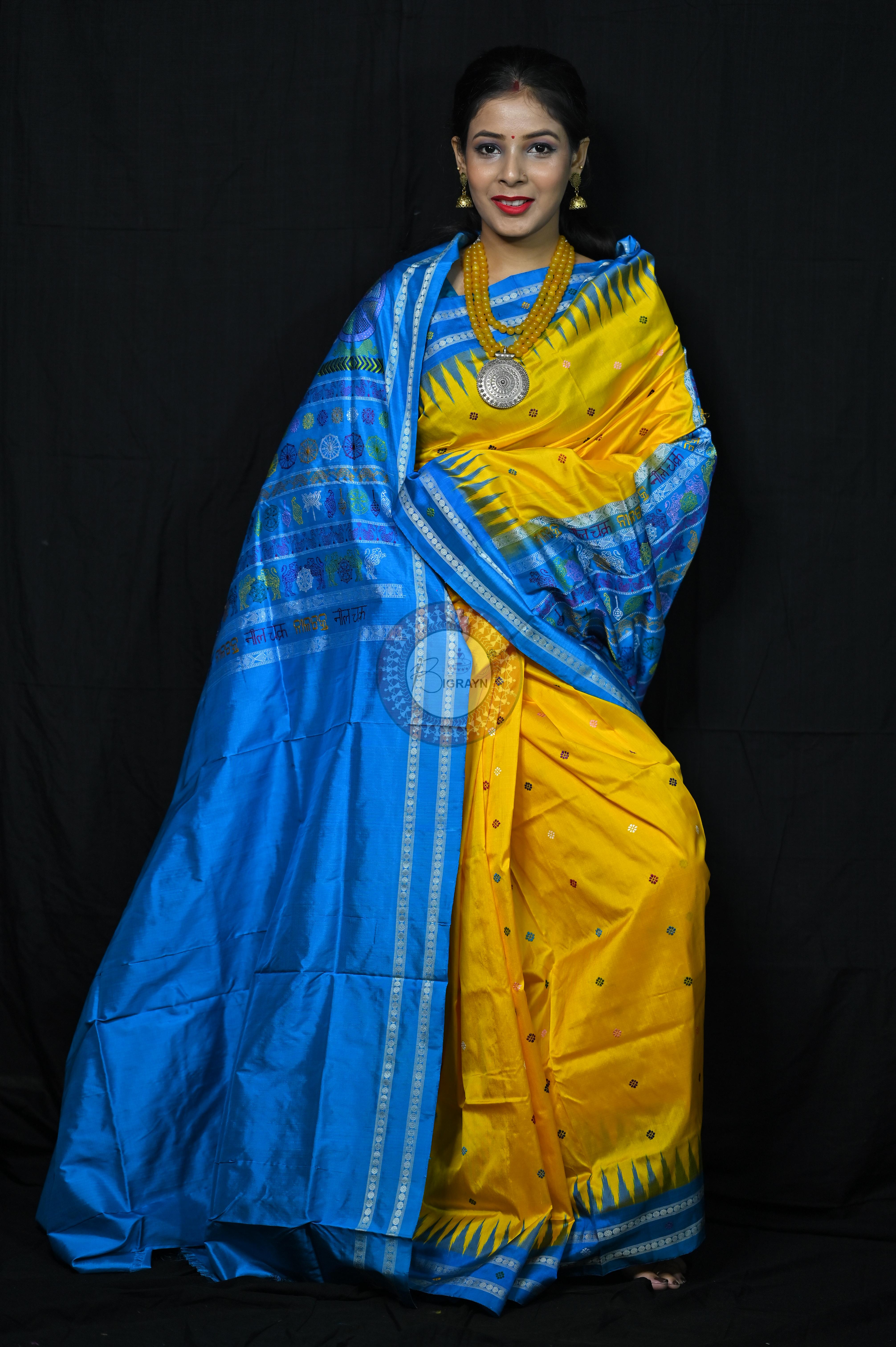 Yellow Blue Nila Chakra Sambalpuri Silk Saree