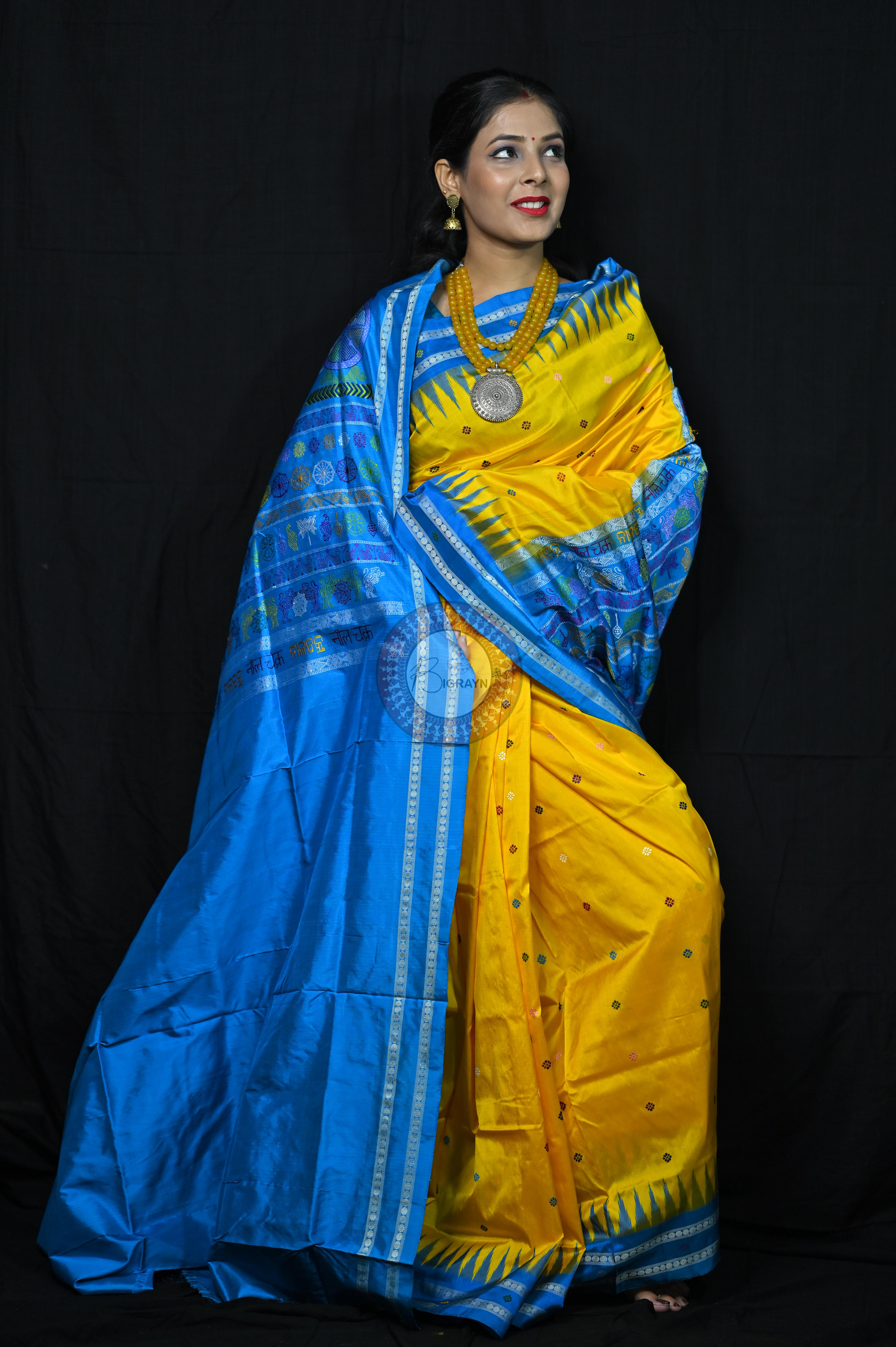 Yellow Blue Nila Chakra Sambalpuri Silk Saree