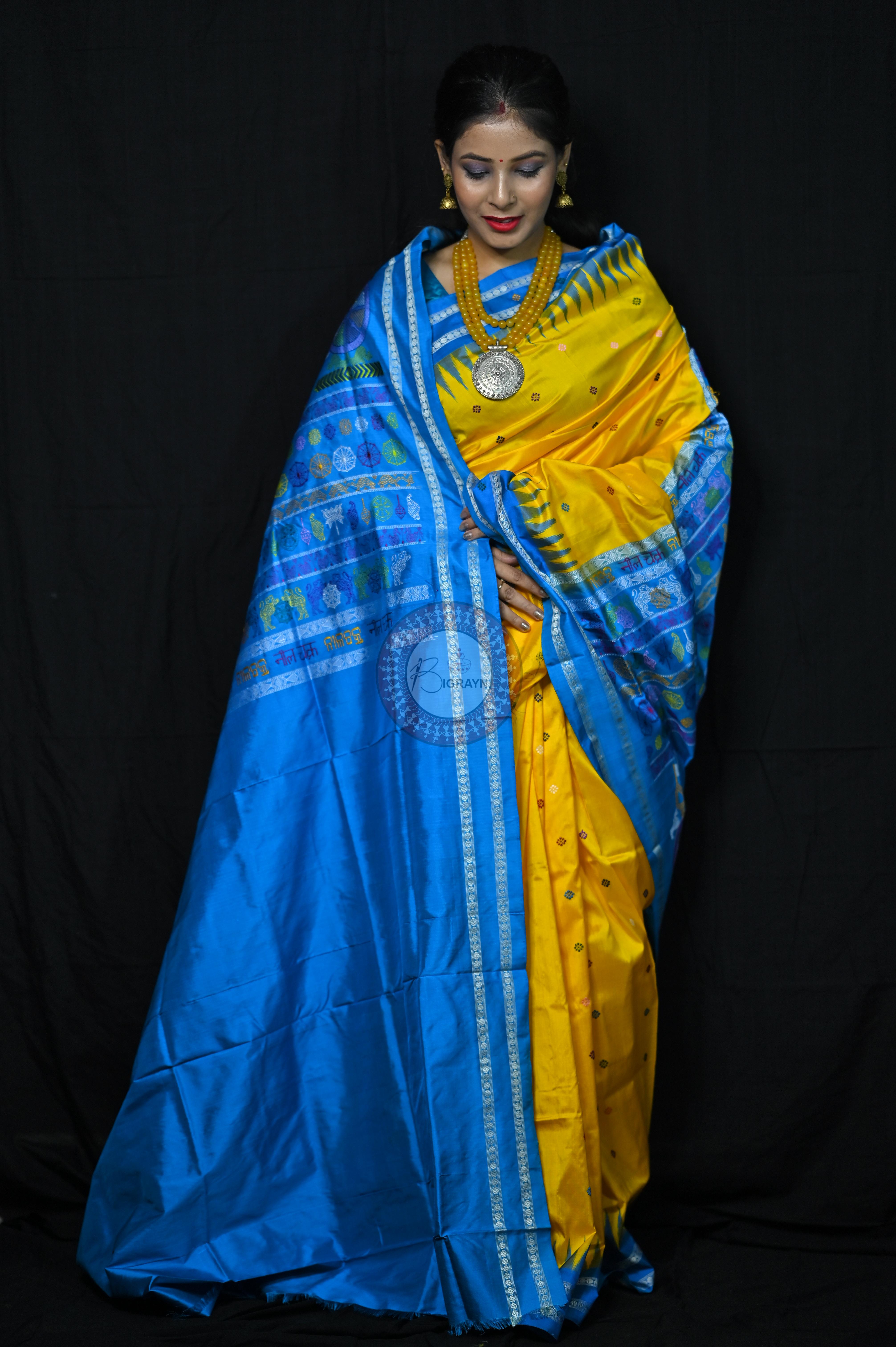 Yellow Blue Nila Chakra Sambalpuri Silk Saree
