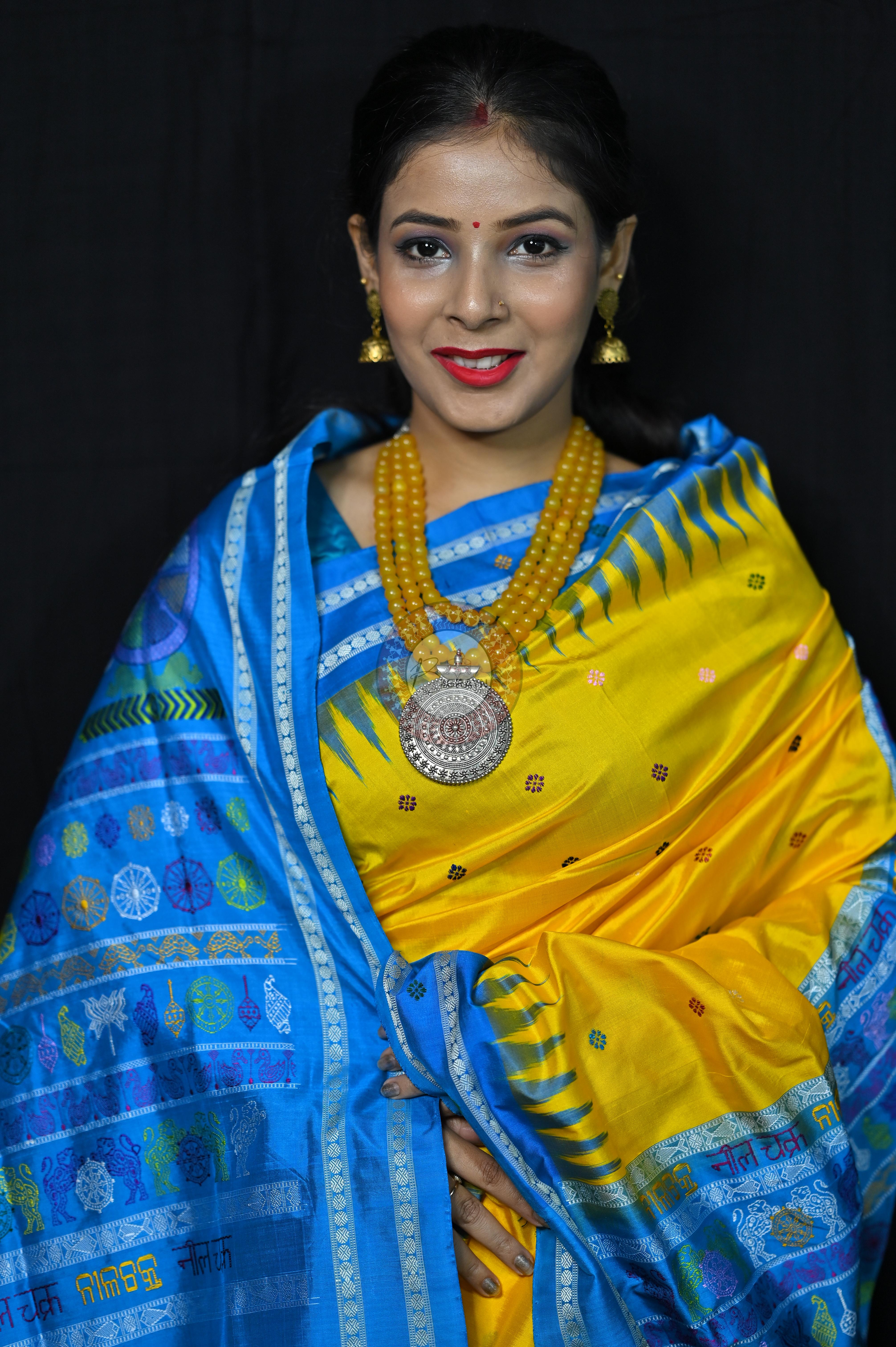 Yellow Blue Nila Chakra Sambalpuri Silk Saree
