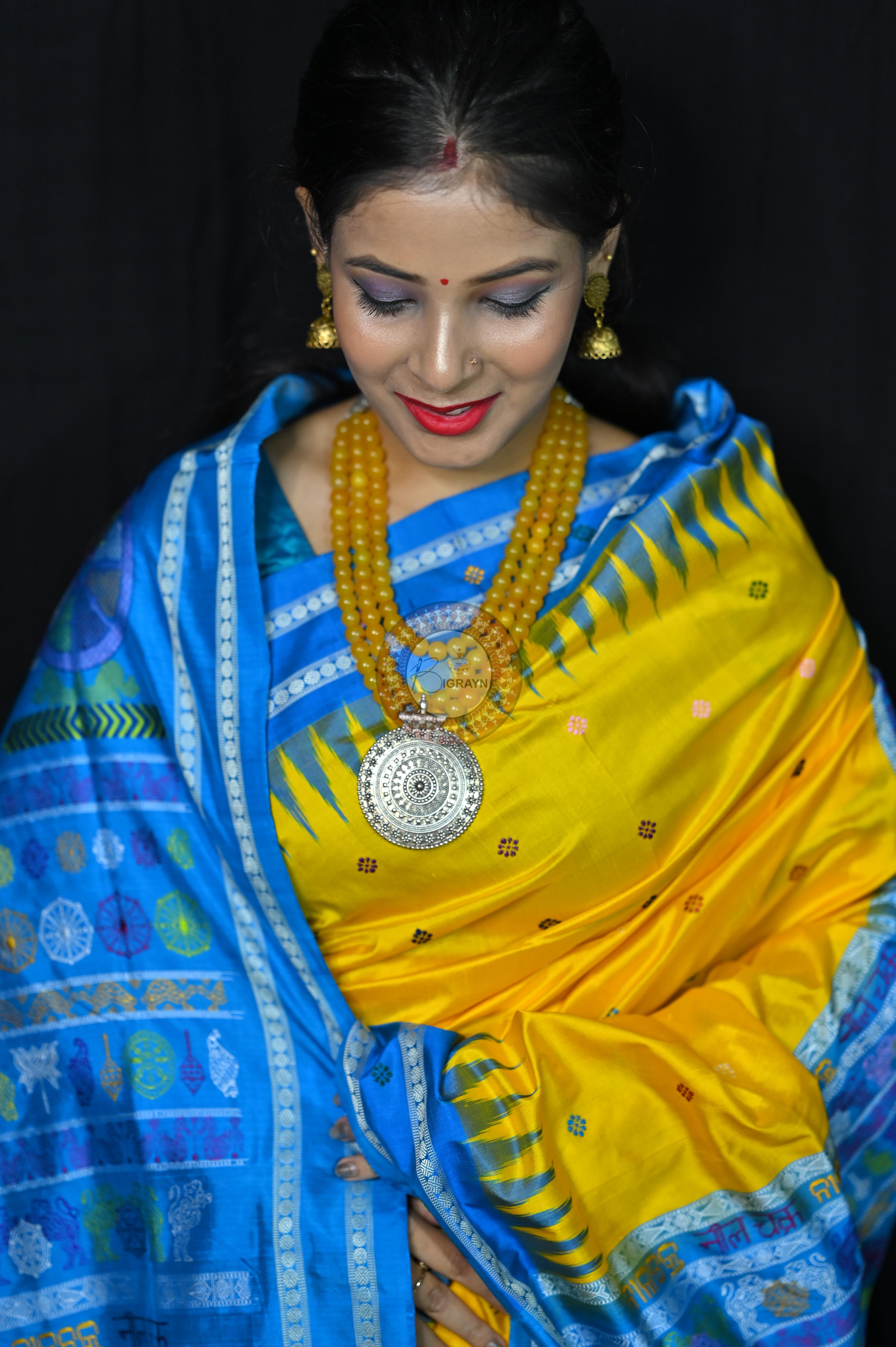 Yellow Blue Nila Chakra Sambalpuri Silk Saree