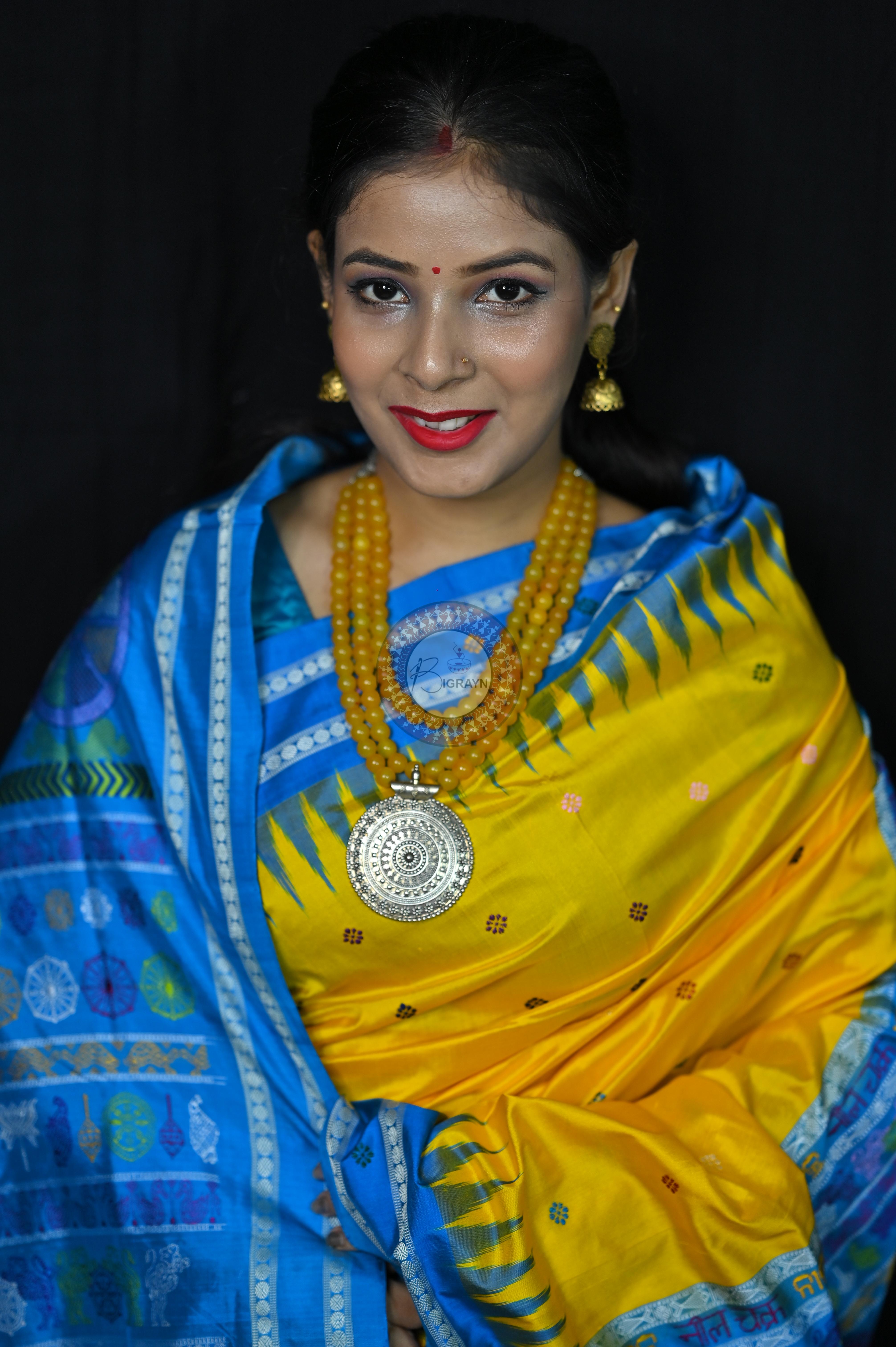 Yellow Blue Nila Chakra Sambalpuri Silk Saree