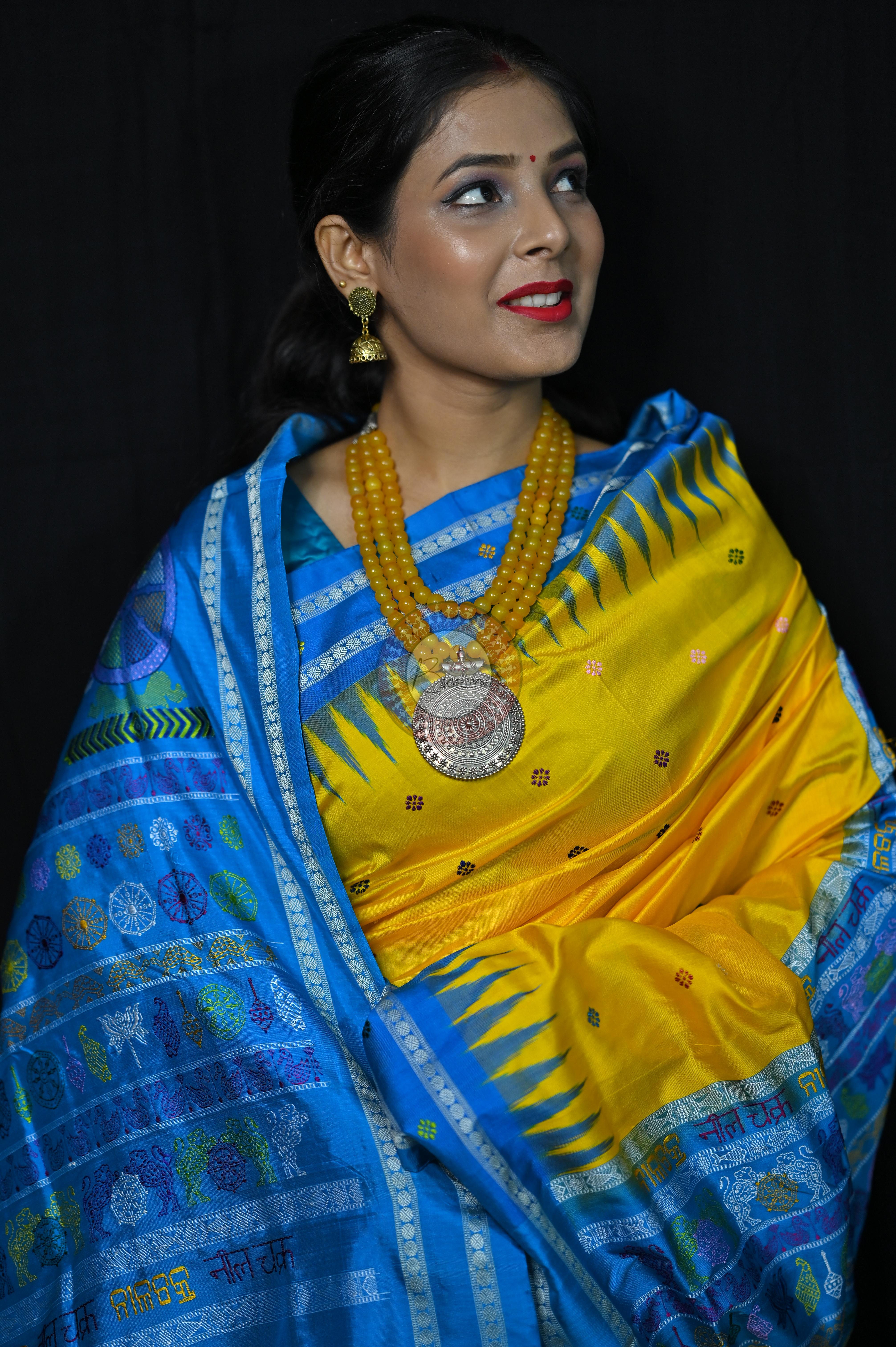 Yellow Blue Nila Chakra Sambalpuri Silk Saree