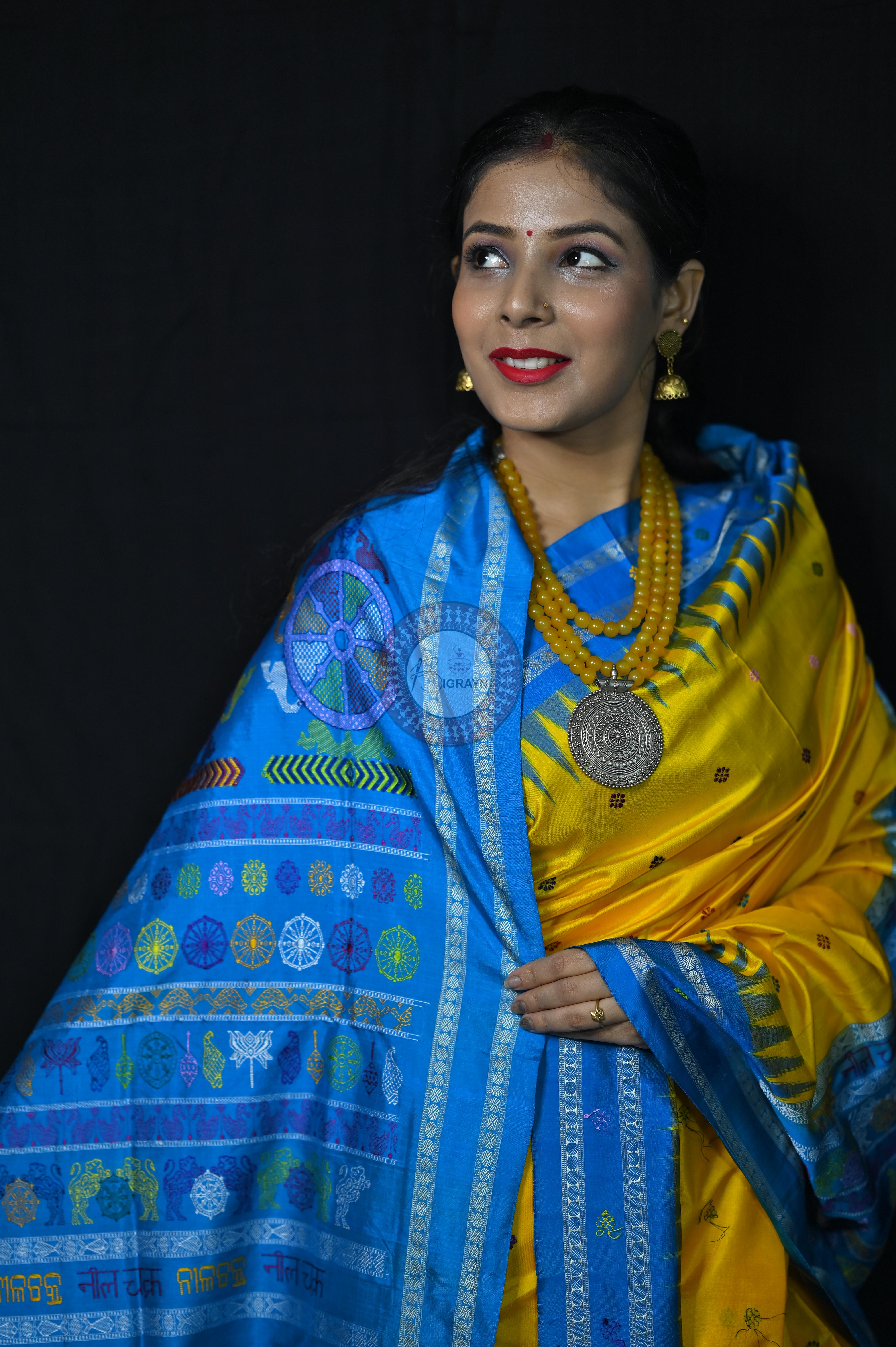 Yellow Blue Nila Chakra Sambalpuri Silk Saree