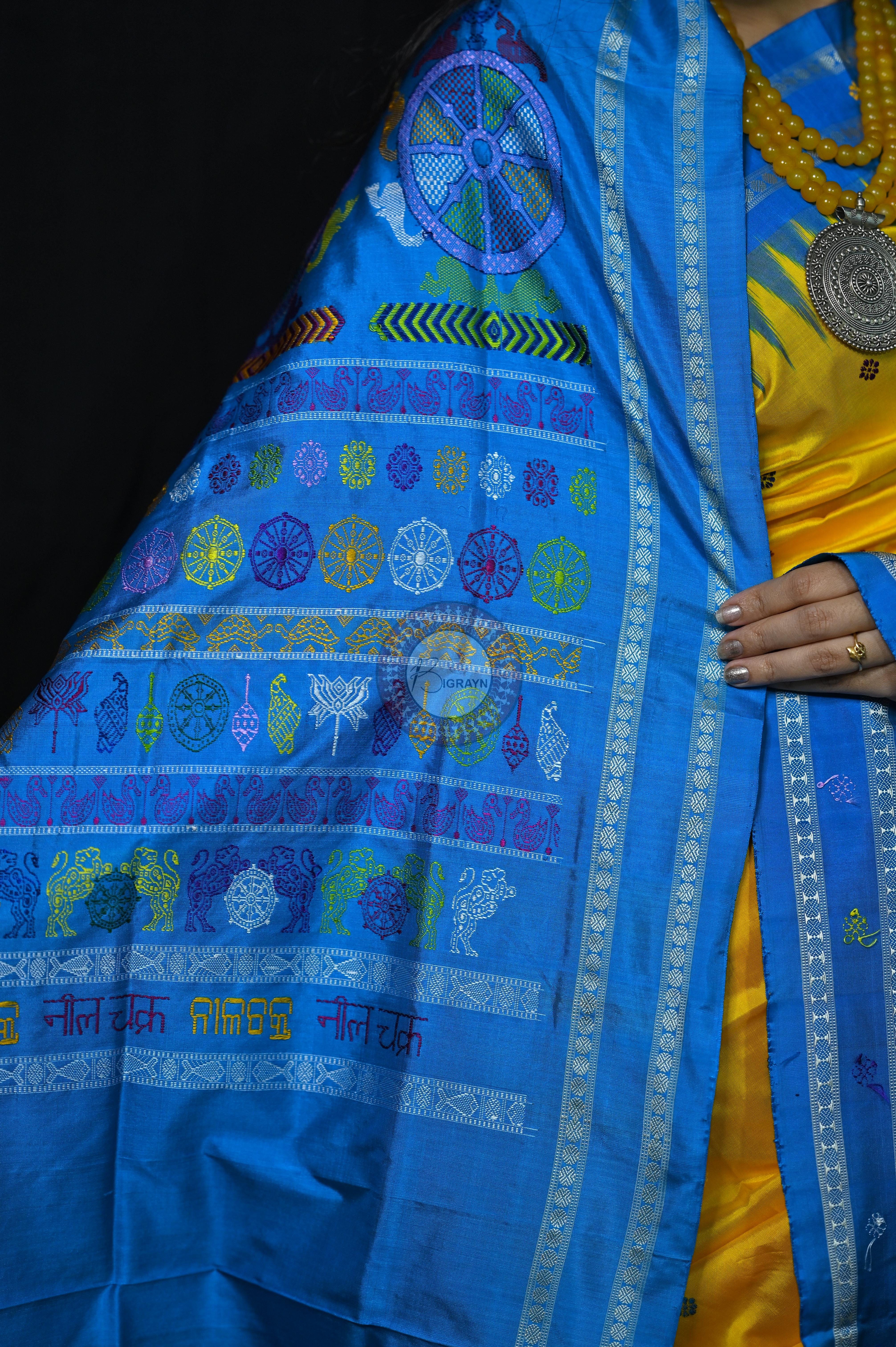 Yellow Blue Nila Chakra Sambalpuri Silk Saree
