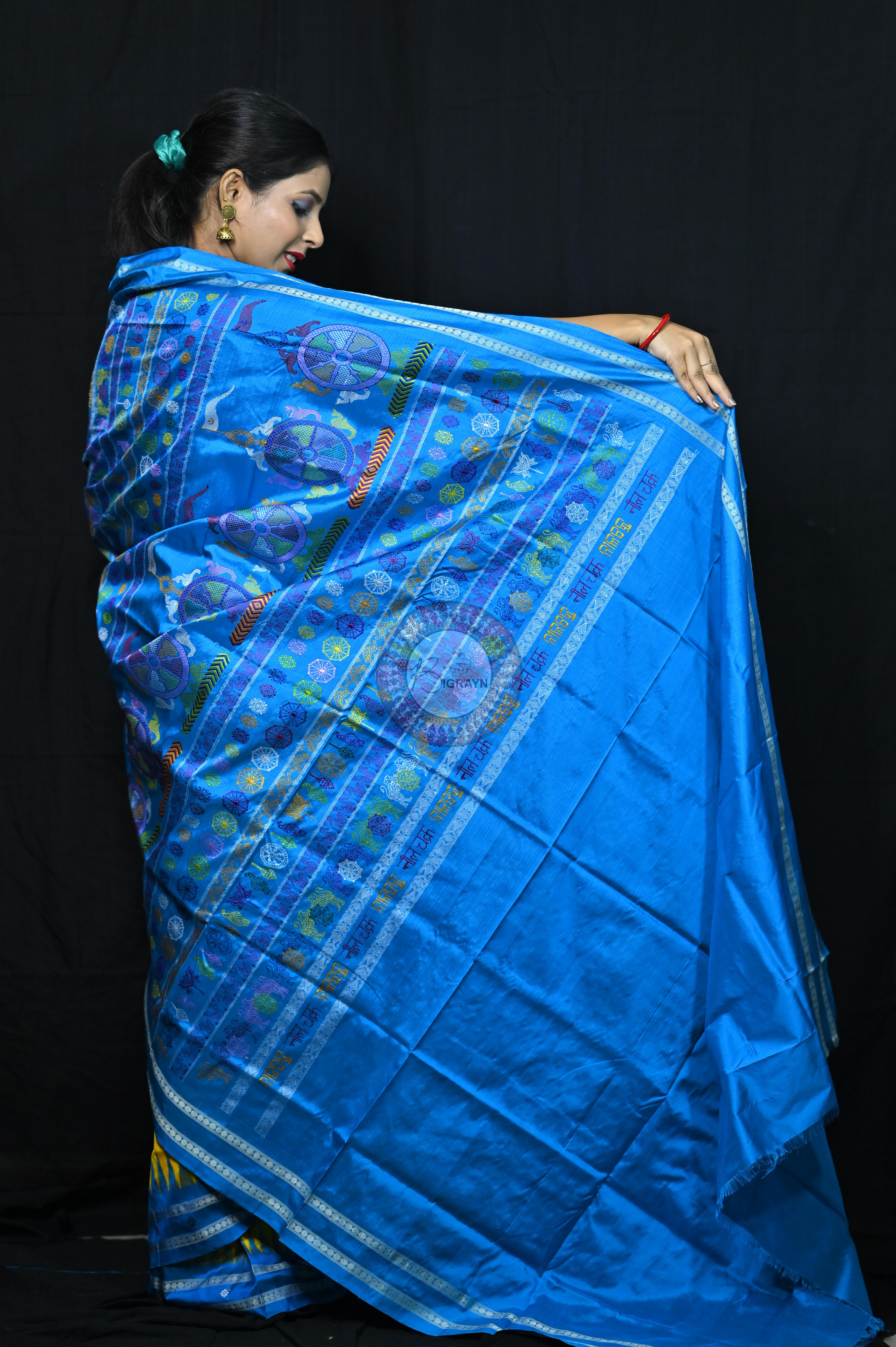 Yellow Blue Nila Chakra Sambalpuri Silk Saree