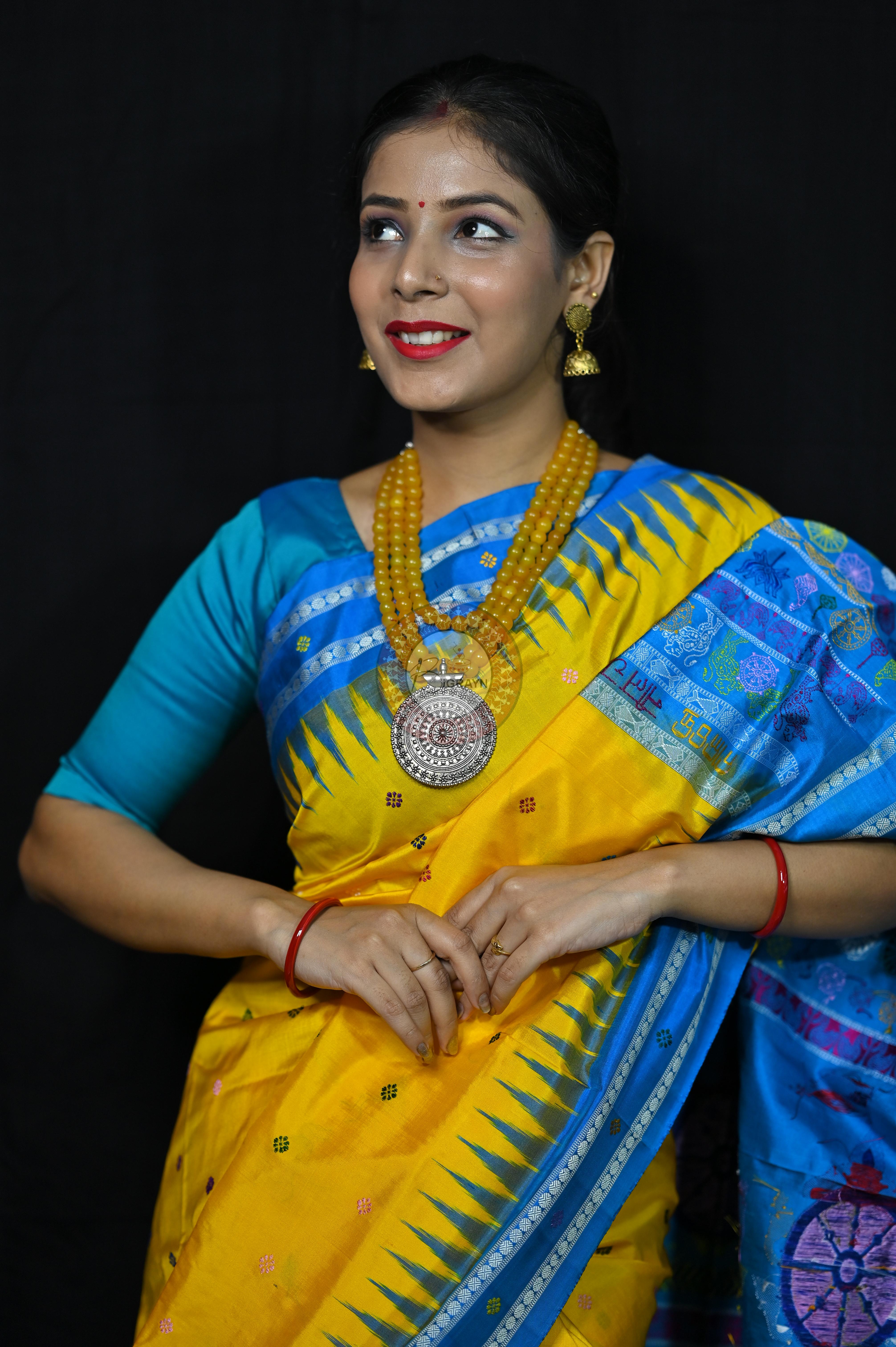 Yellow Blue Nila Chakra Sambalpuri Silk Saree