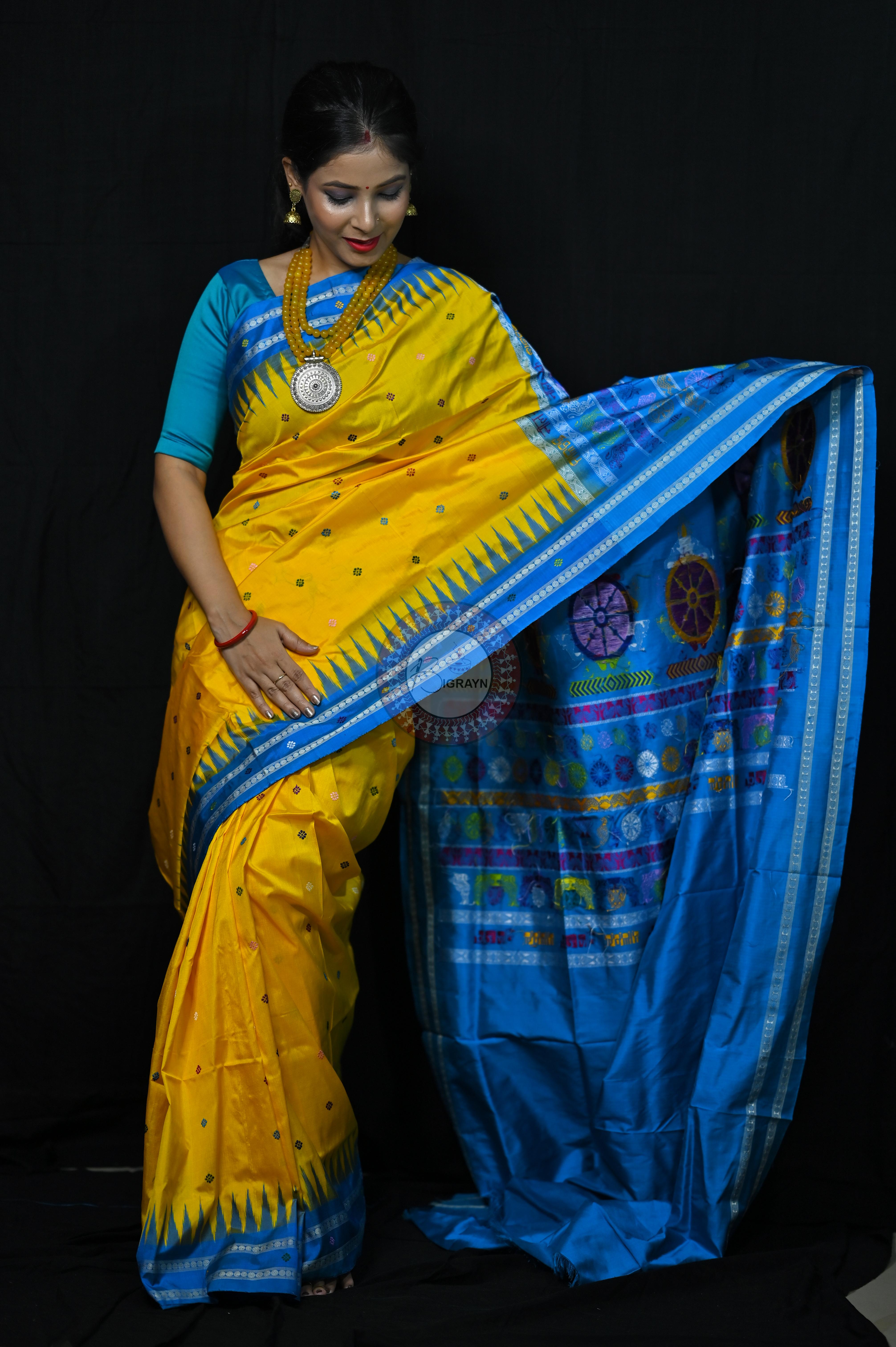 Yellow Blue Nila Chakra Sambalpuri Silk Saree