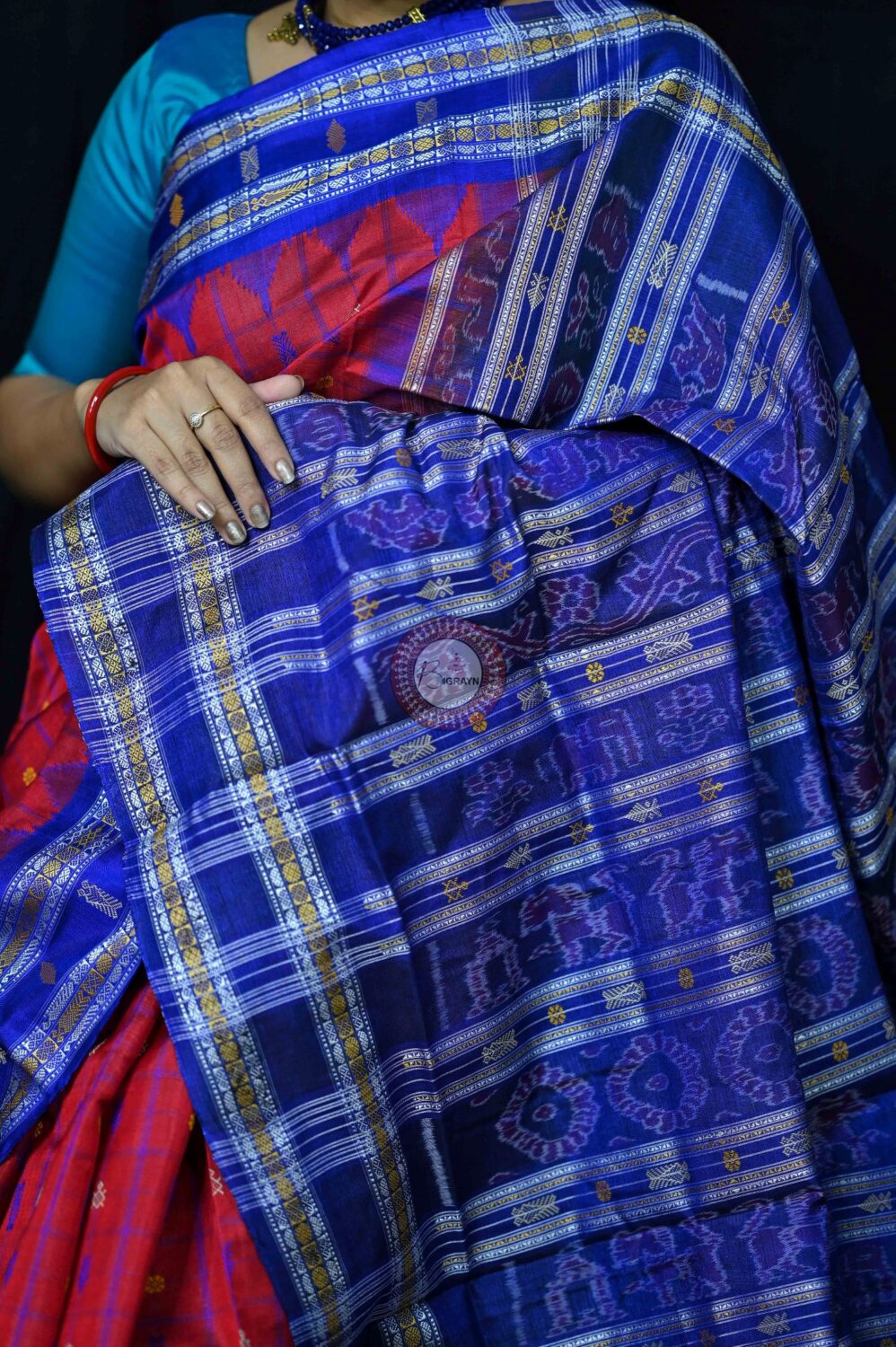 Red Blue Tussar Hazarbootie Saree