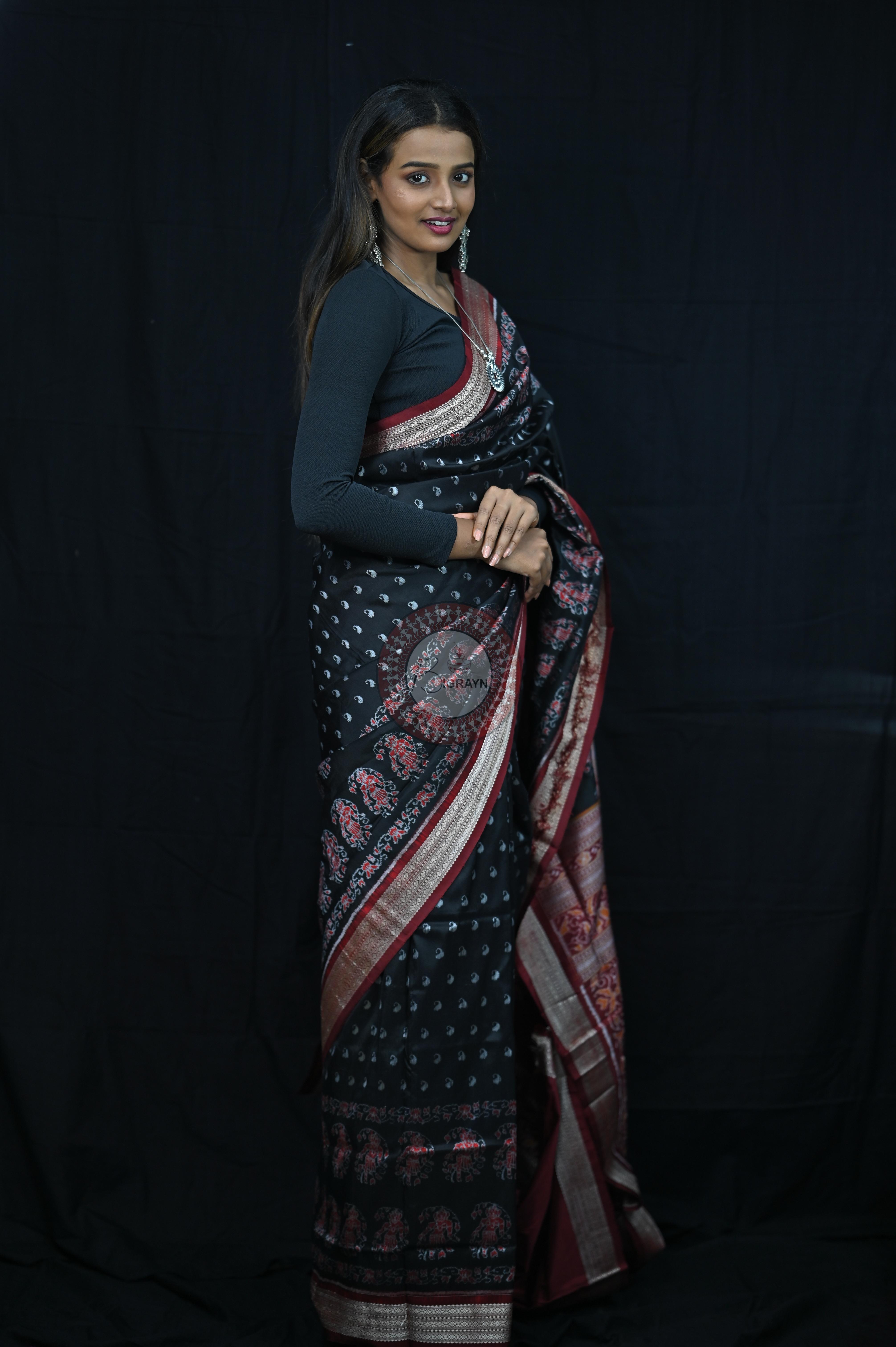 Black And Red Parsley Sambalpuri Silk Saree