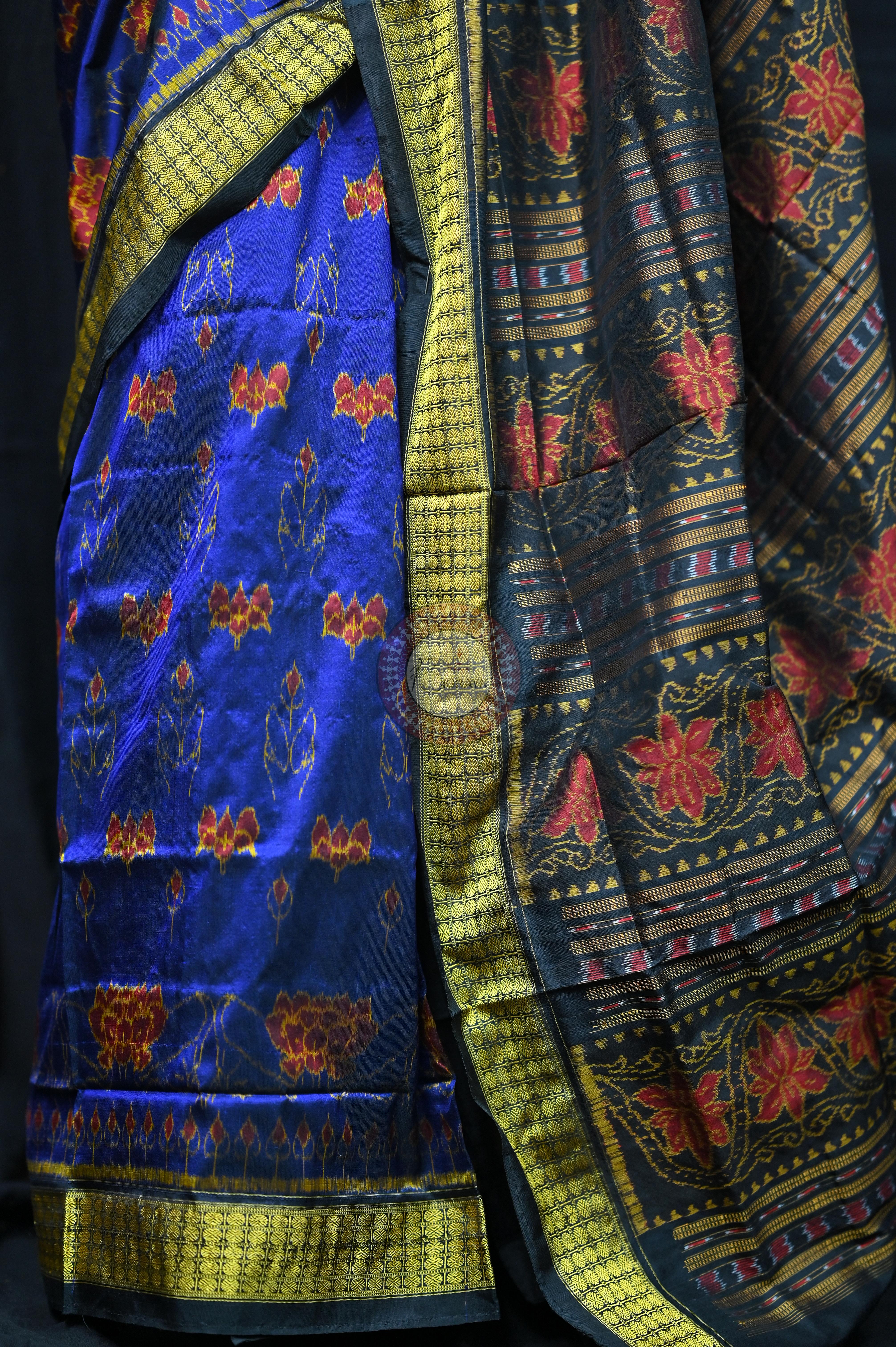 Blue Black Lotus Sambalpuri Silk Saree