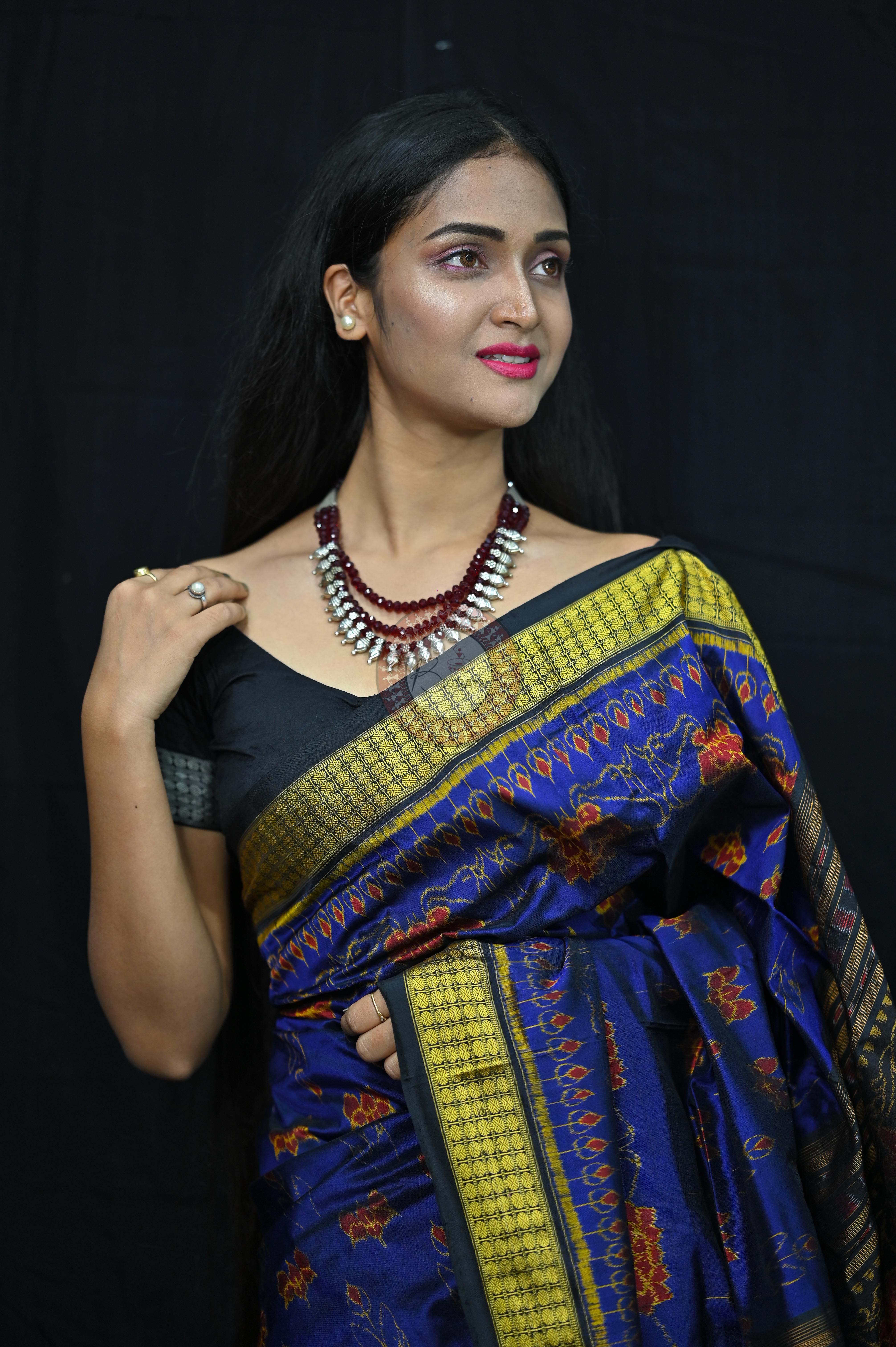 Blue Black Lotus Sambalpuri Silk Saree