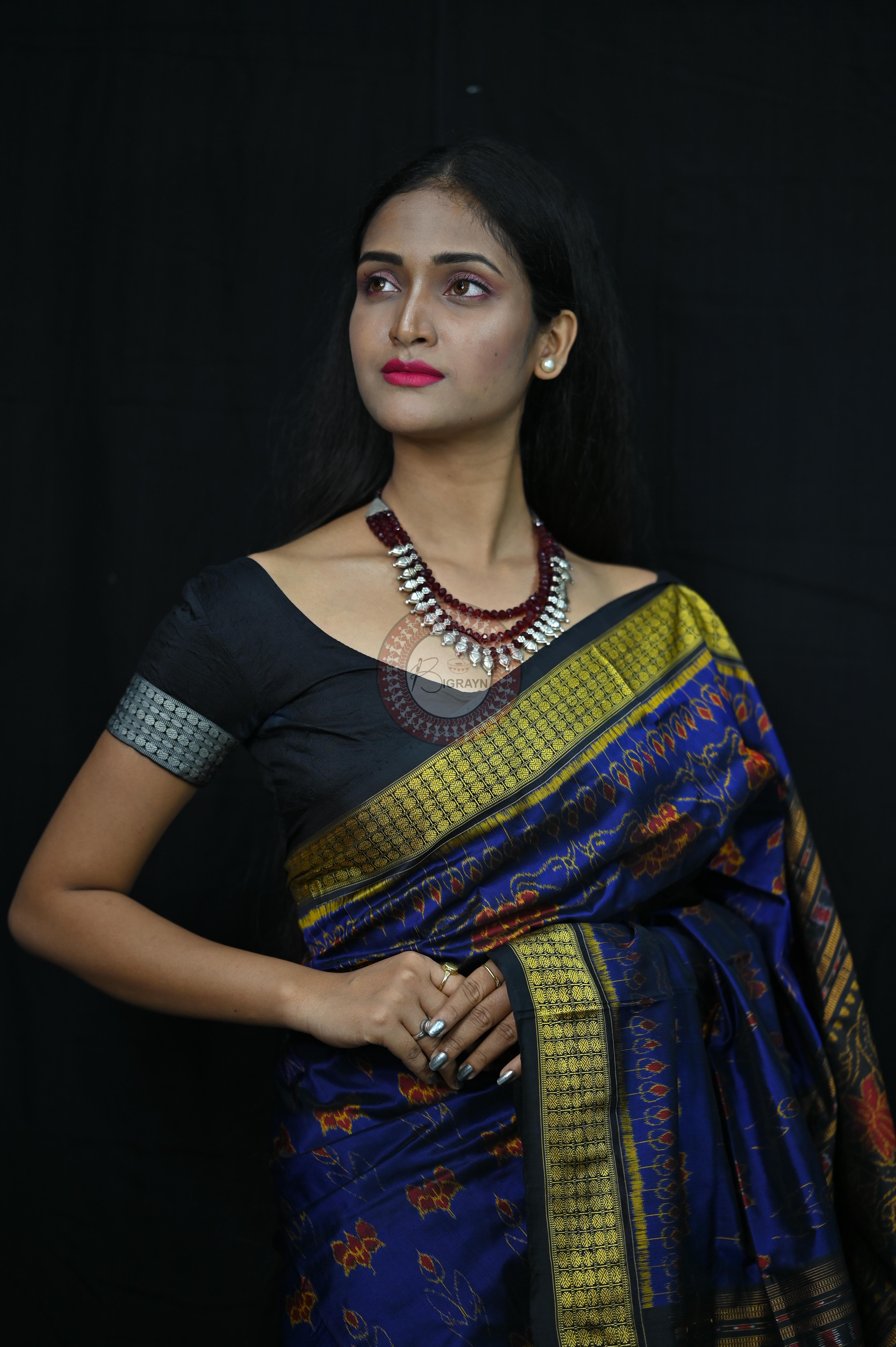 Blue Black Lotus Sambalpuri Silk Saree