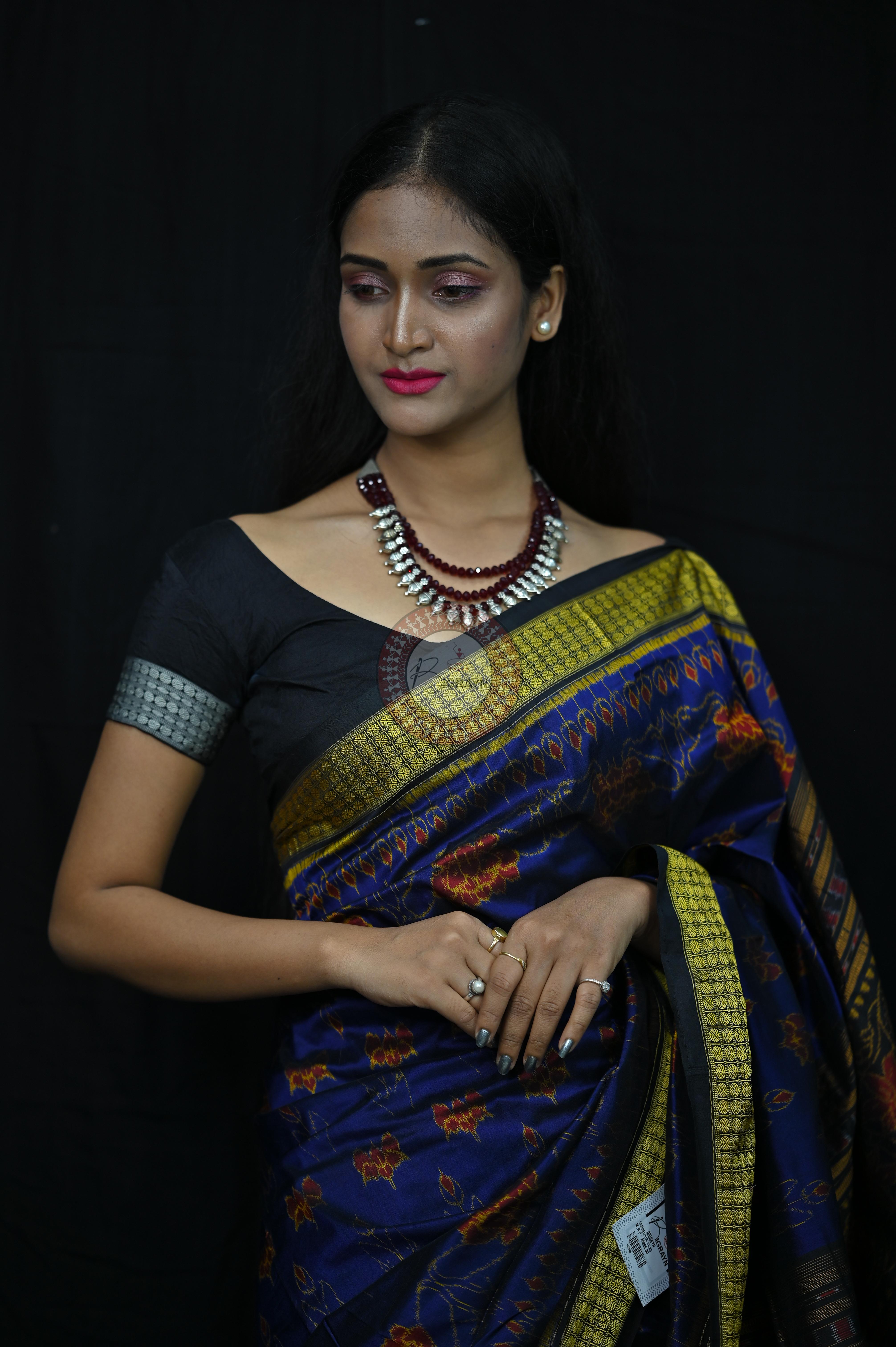 Blue Black Lotus Sambalpuri Silk Saree