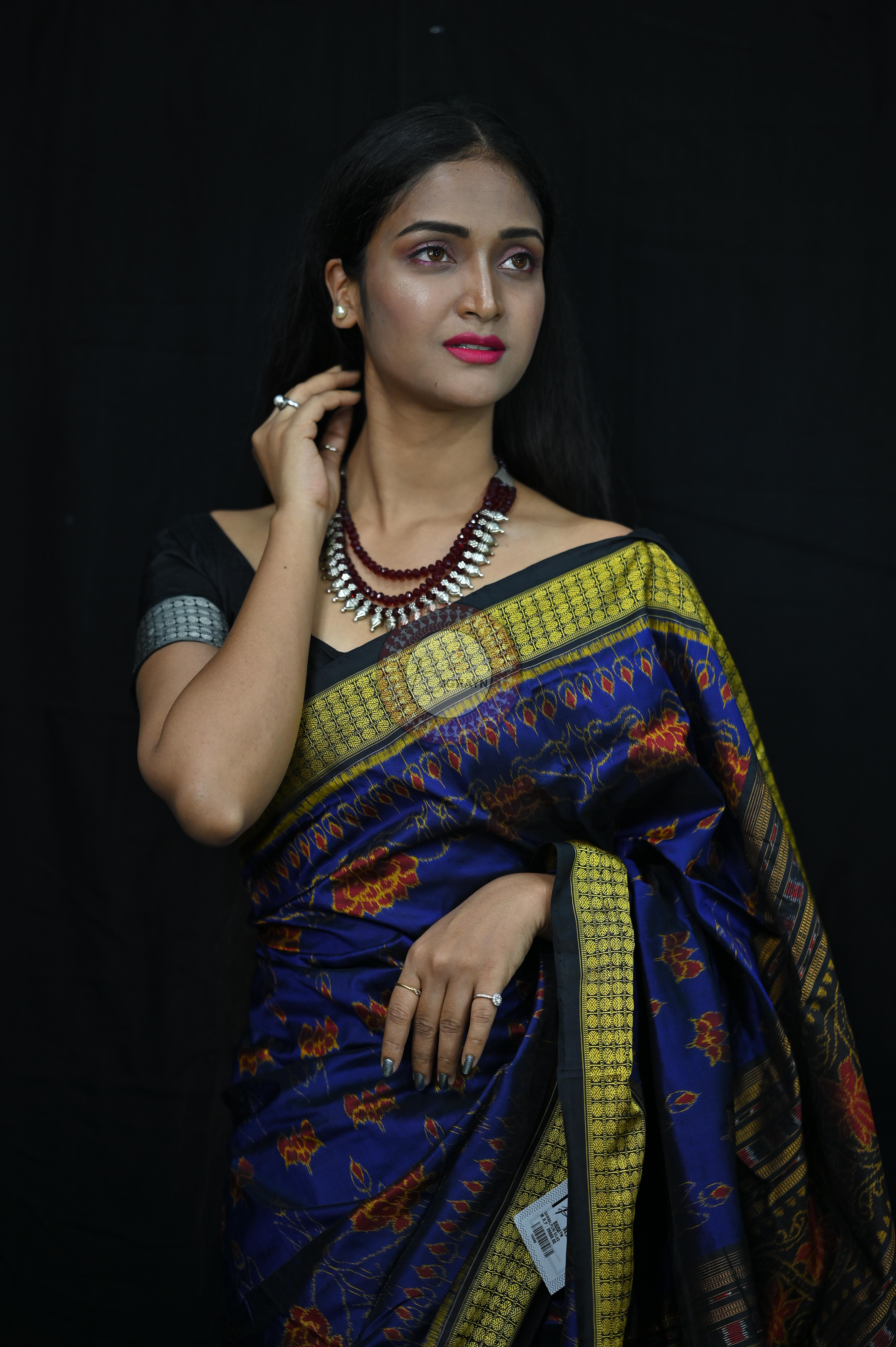 Blue Black Lotus Sambalpuri Silk Saree