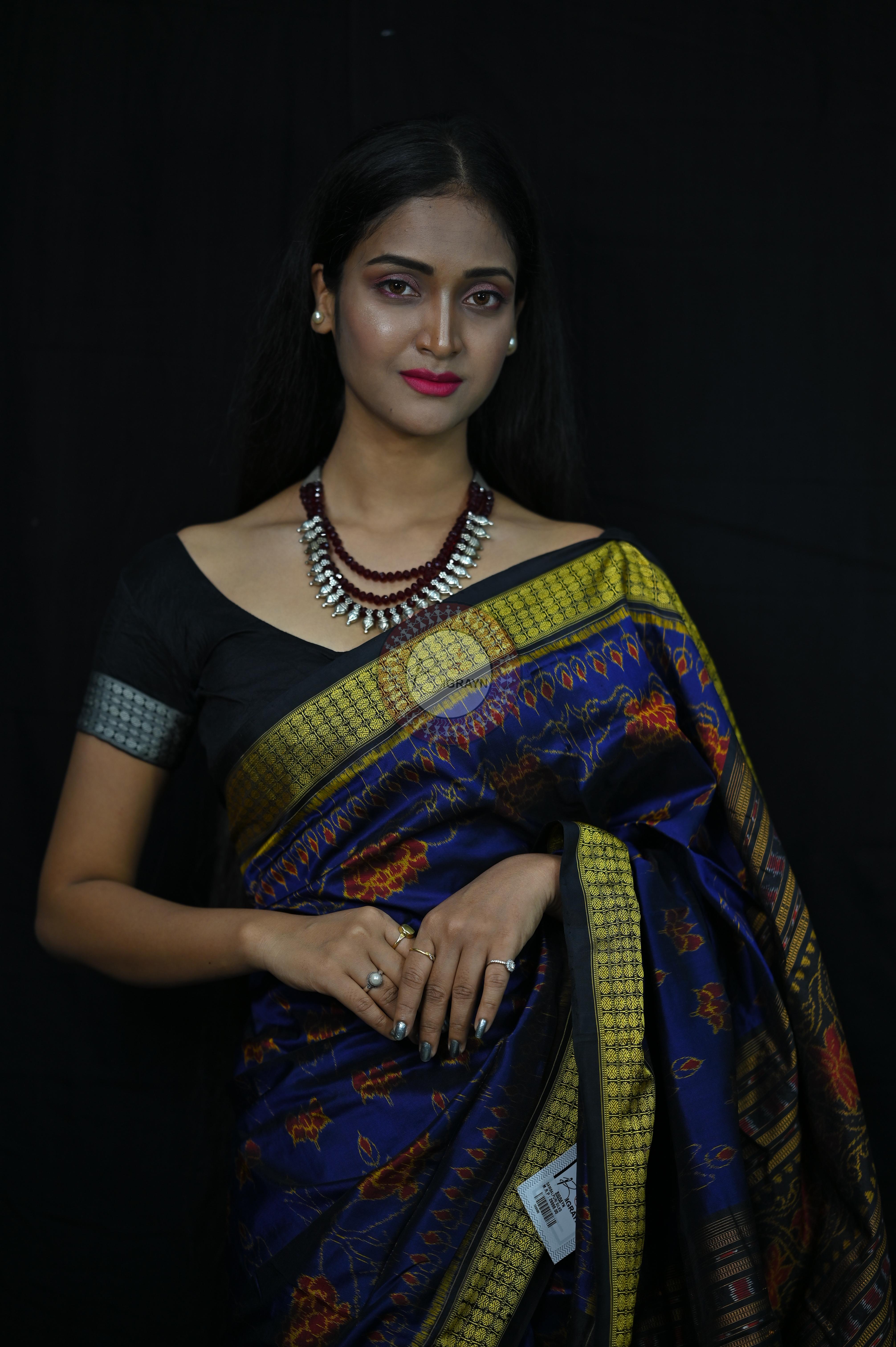 Blue Black Lotus Sambalpuri Silk Saree