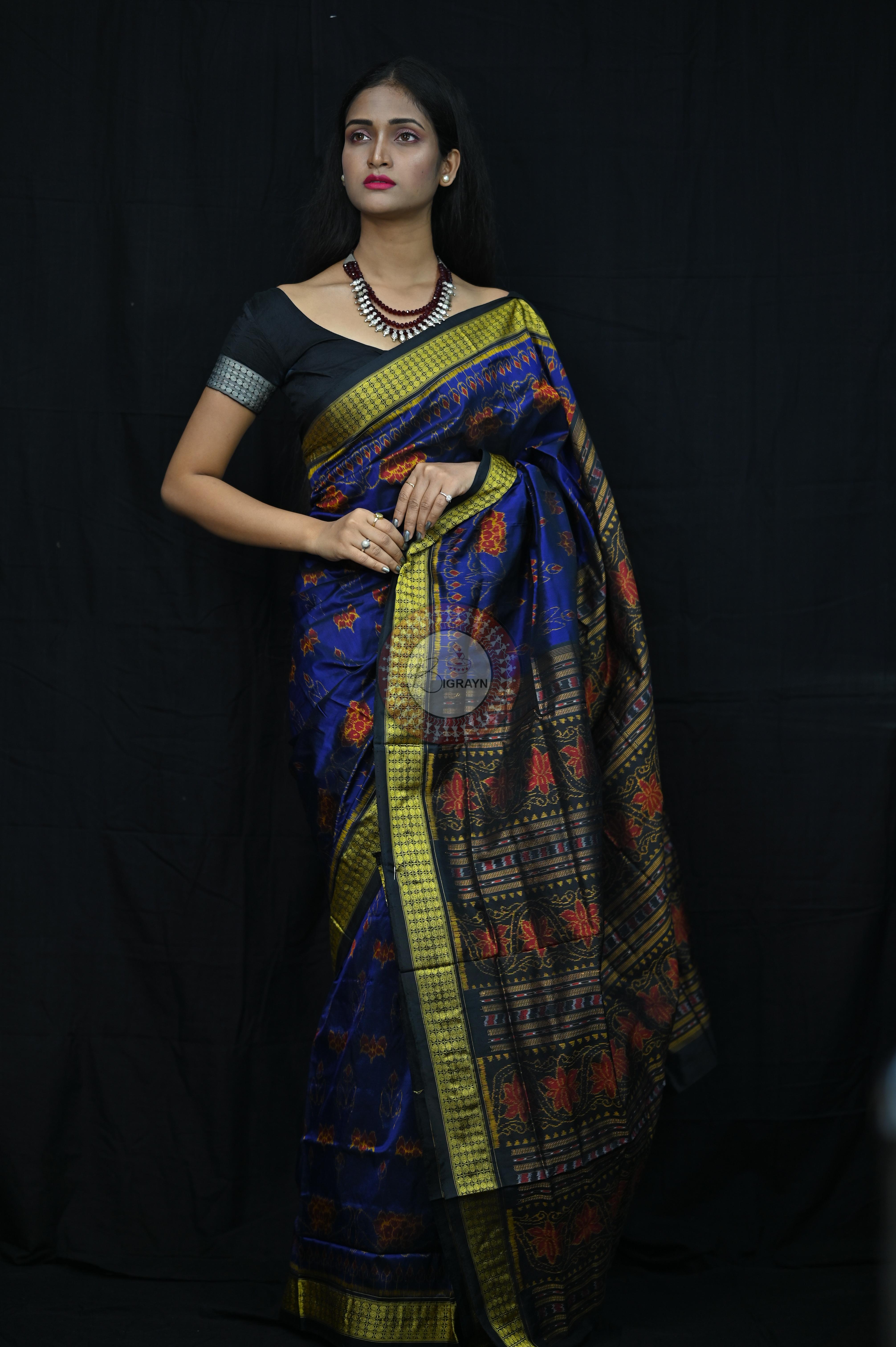 Blue Black Lotus Sambalpuri Silk Saree