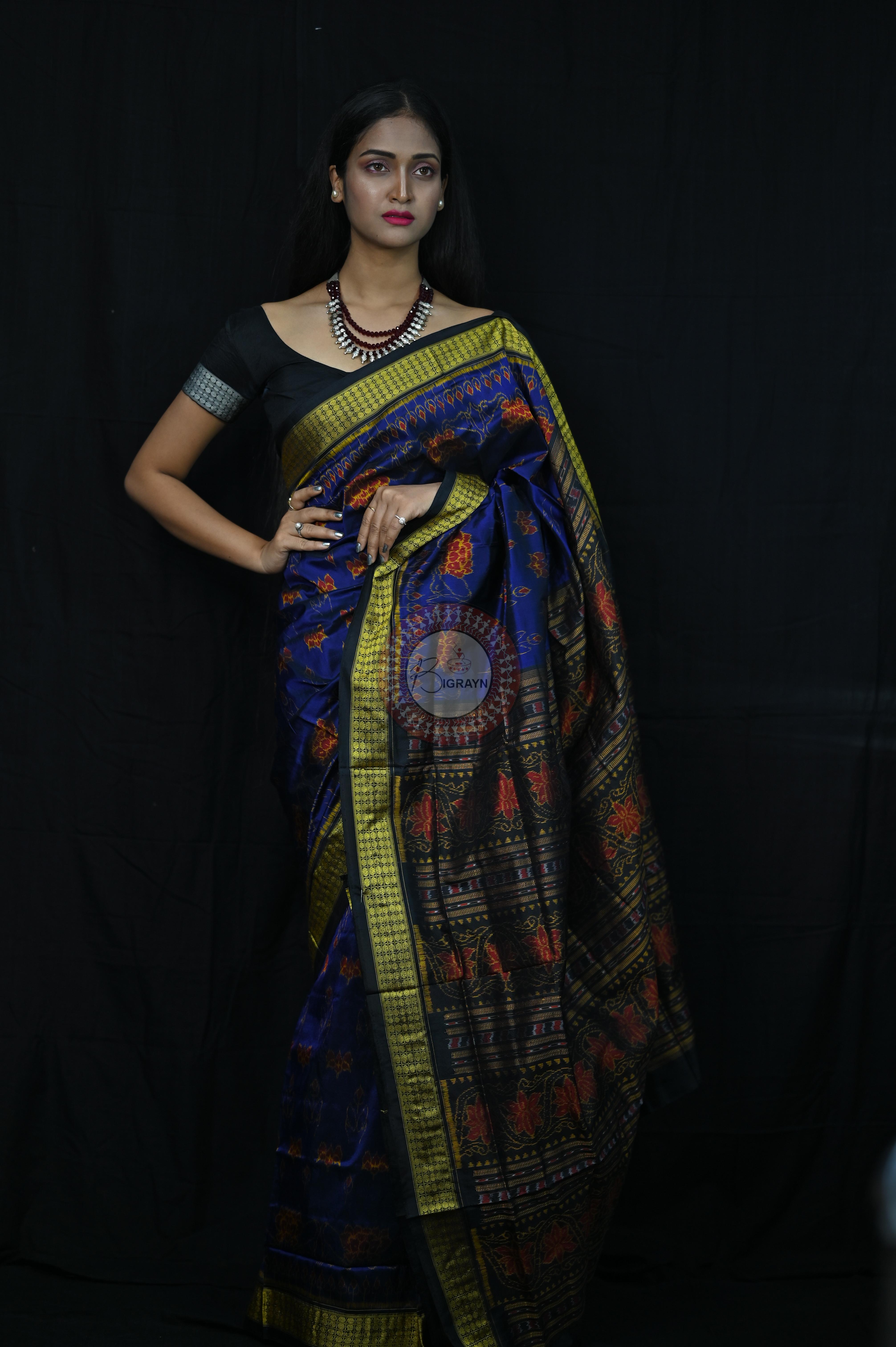 Blue Black Lotus Sambalpuri Silk Saree