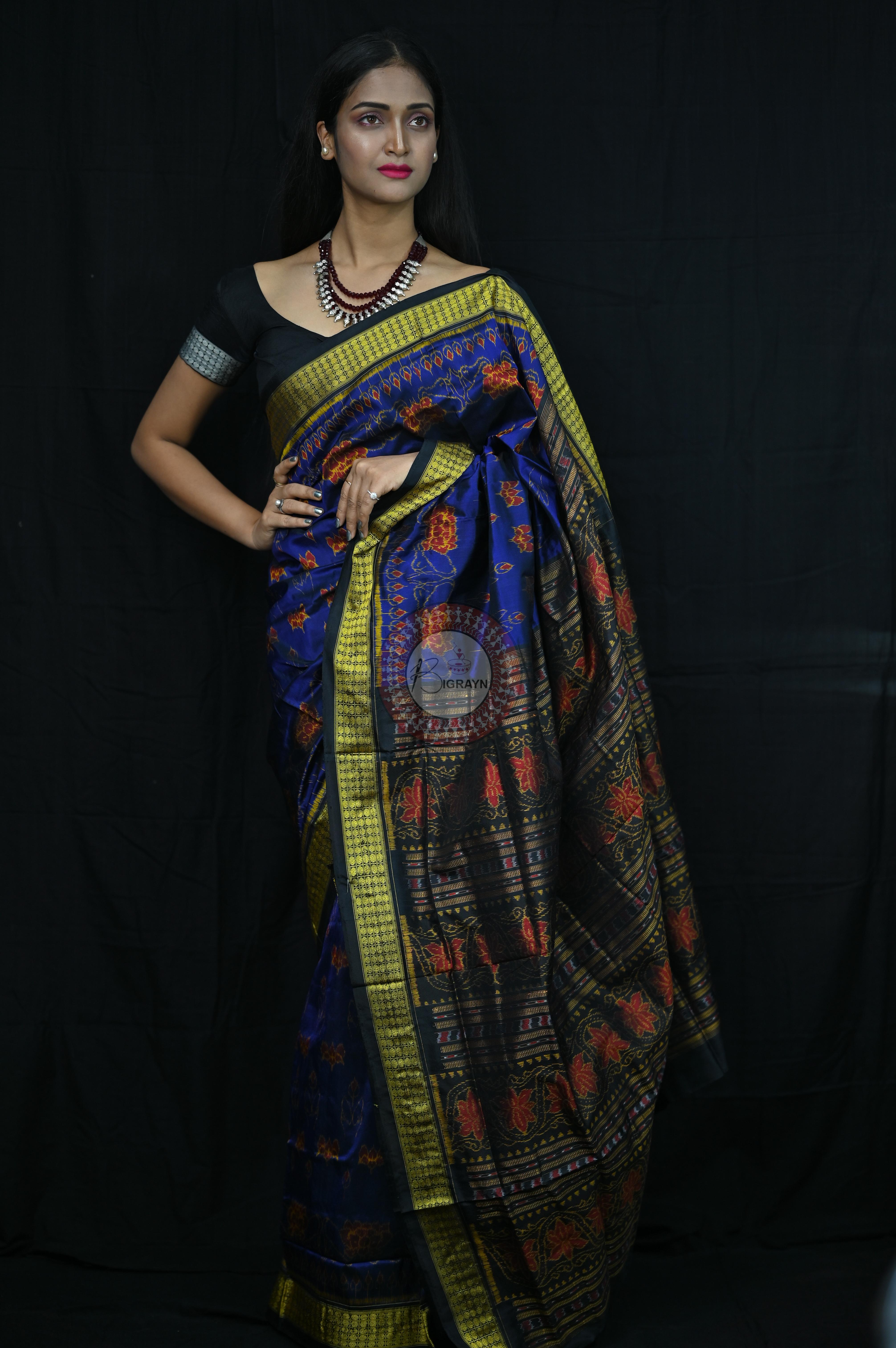 Blue Black Lotus Sambalpuri Silk Saree