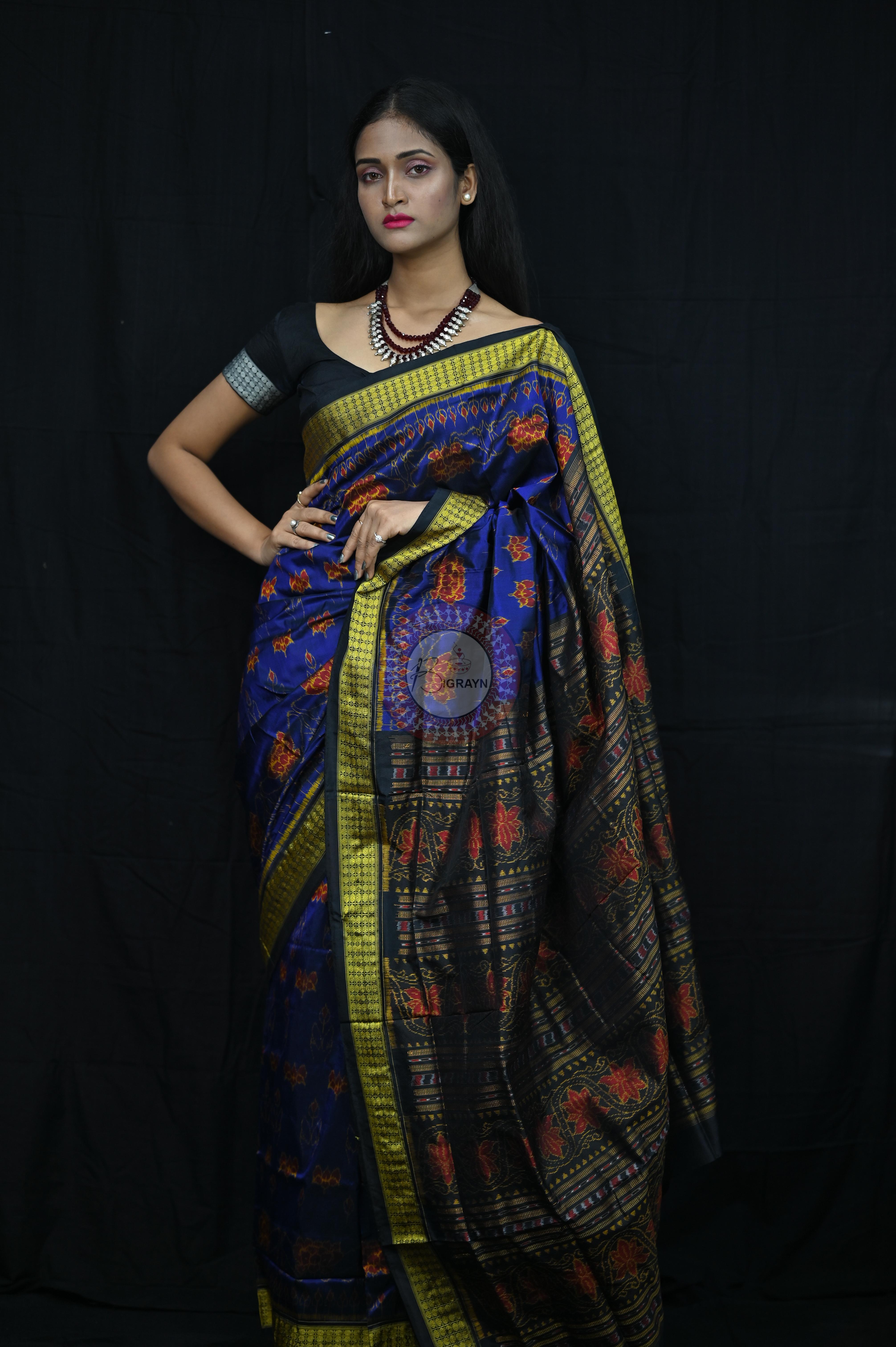 Blue Black Lotus Sambalpuri Silk Saree