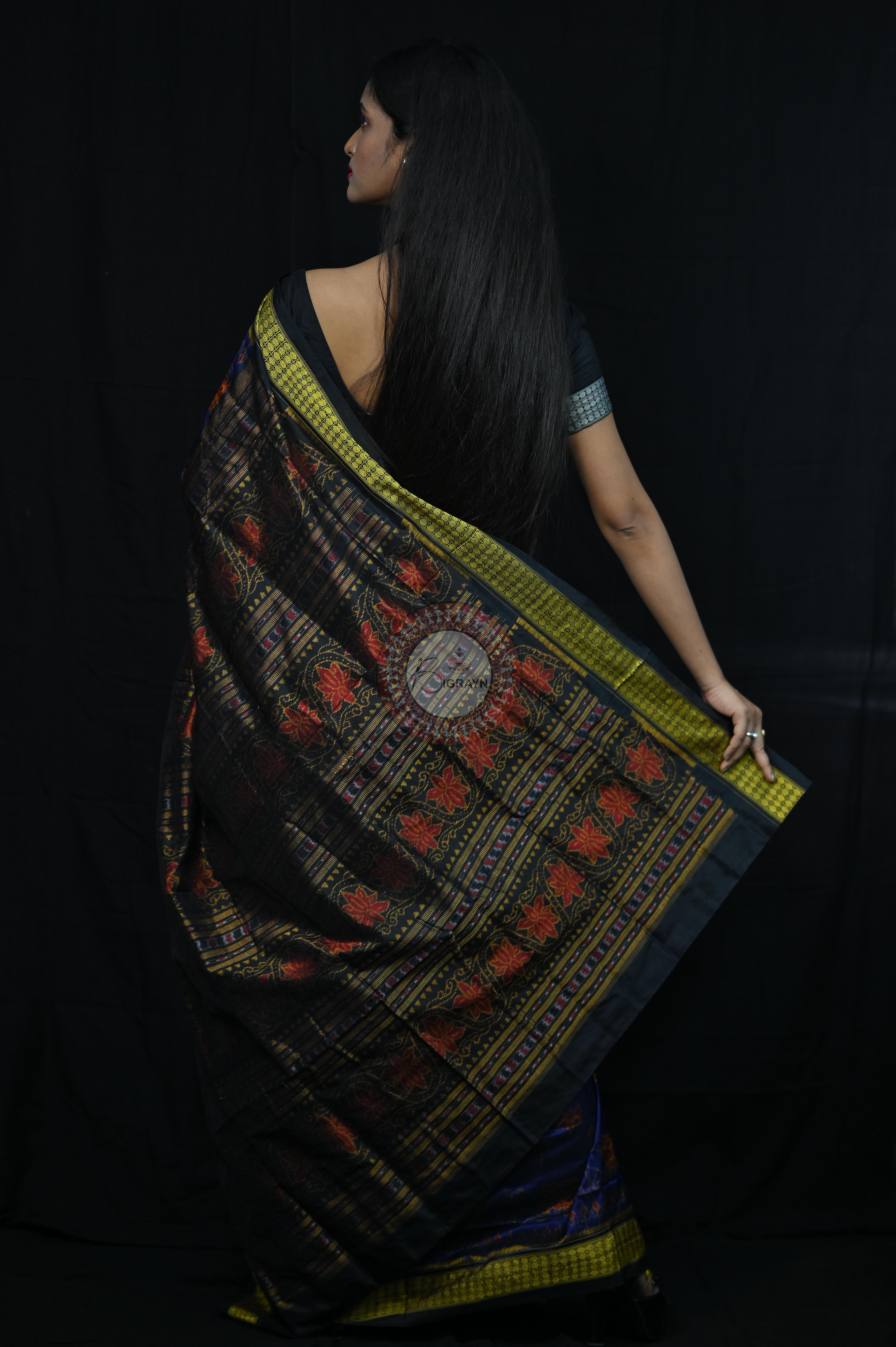 Blue Black Lotus Sambalpuri Silk Saree
