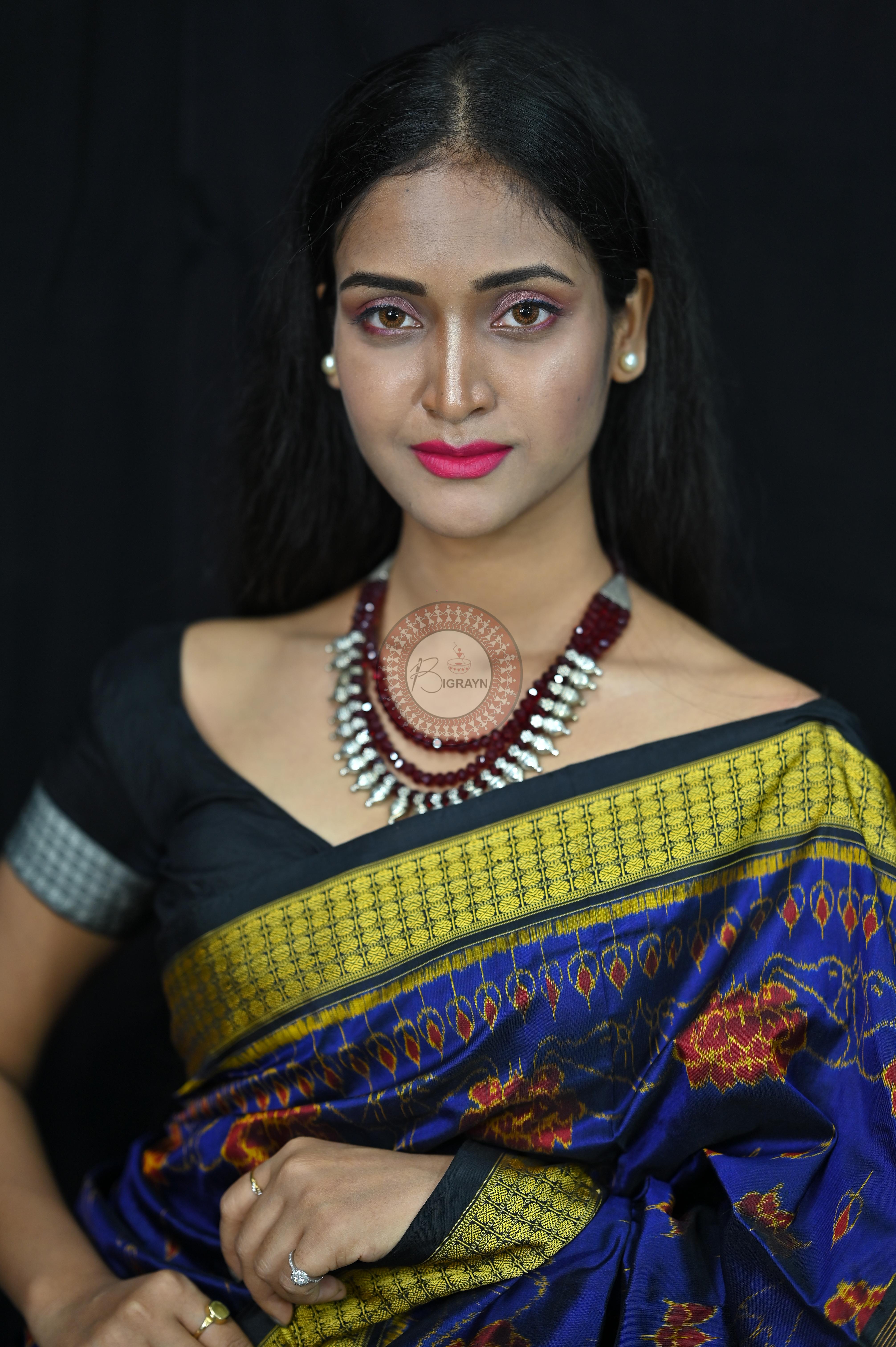 Blue Black Lotus Sambalpuri Silk Saree