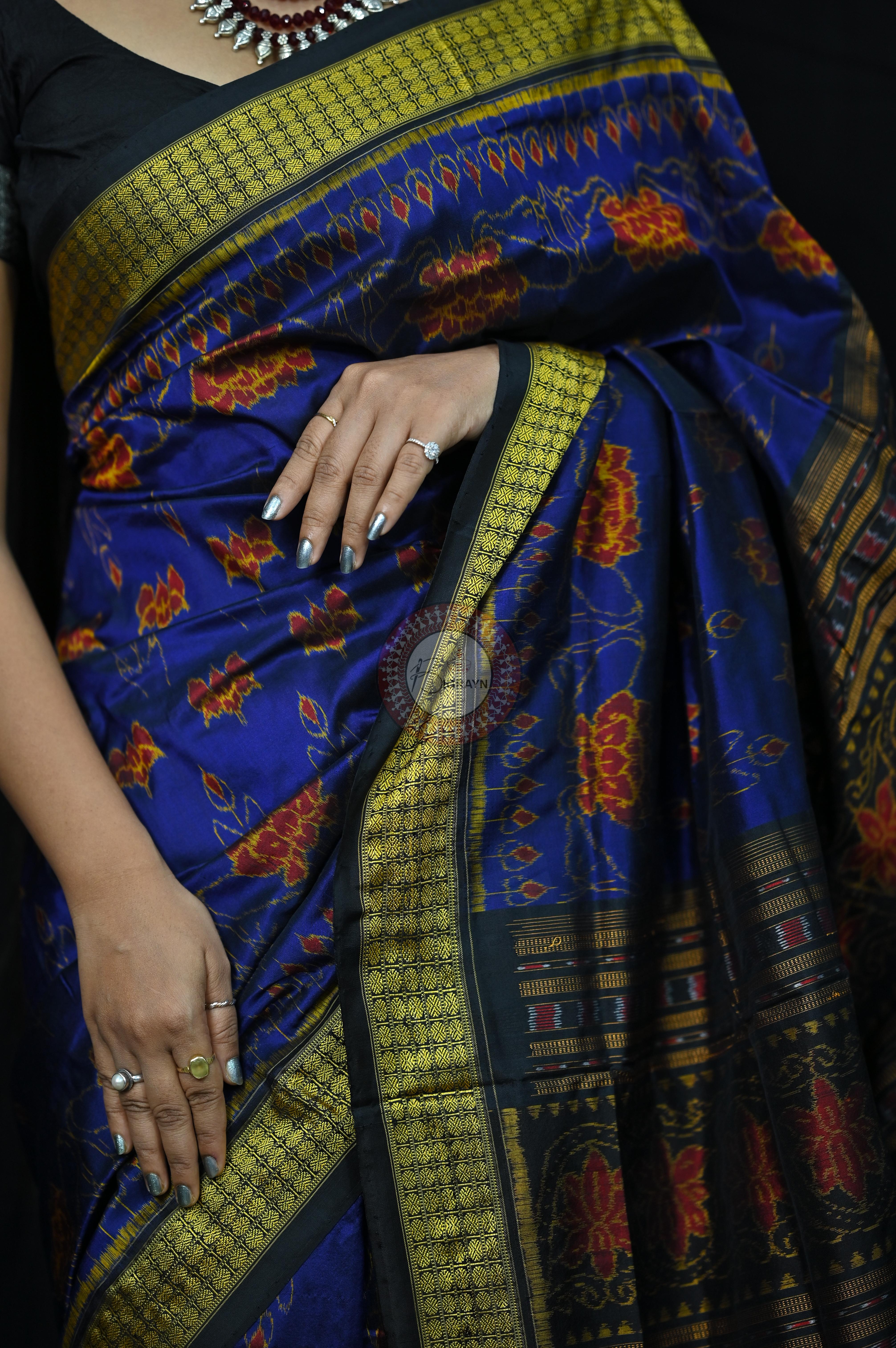 Blue Black Lotus Sambalpuri Silk Saree