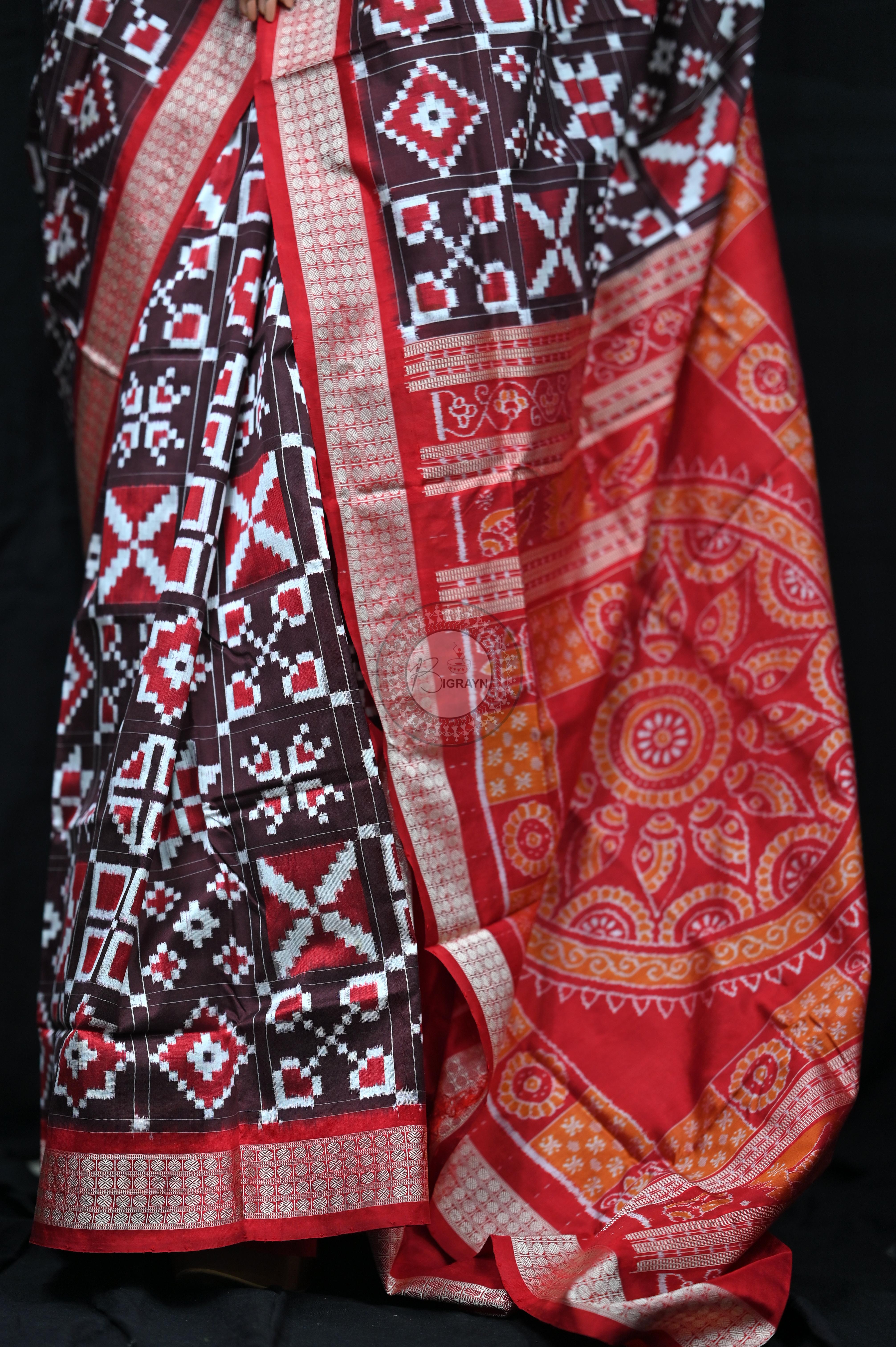 Coffee Red Telia Rumal Sambalpuri Silk Saree