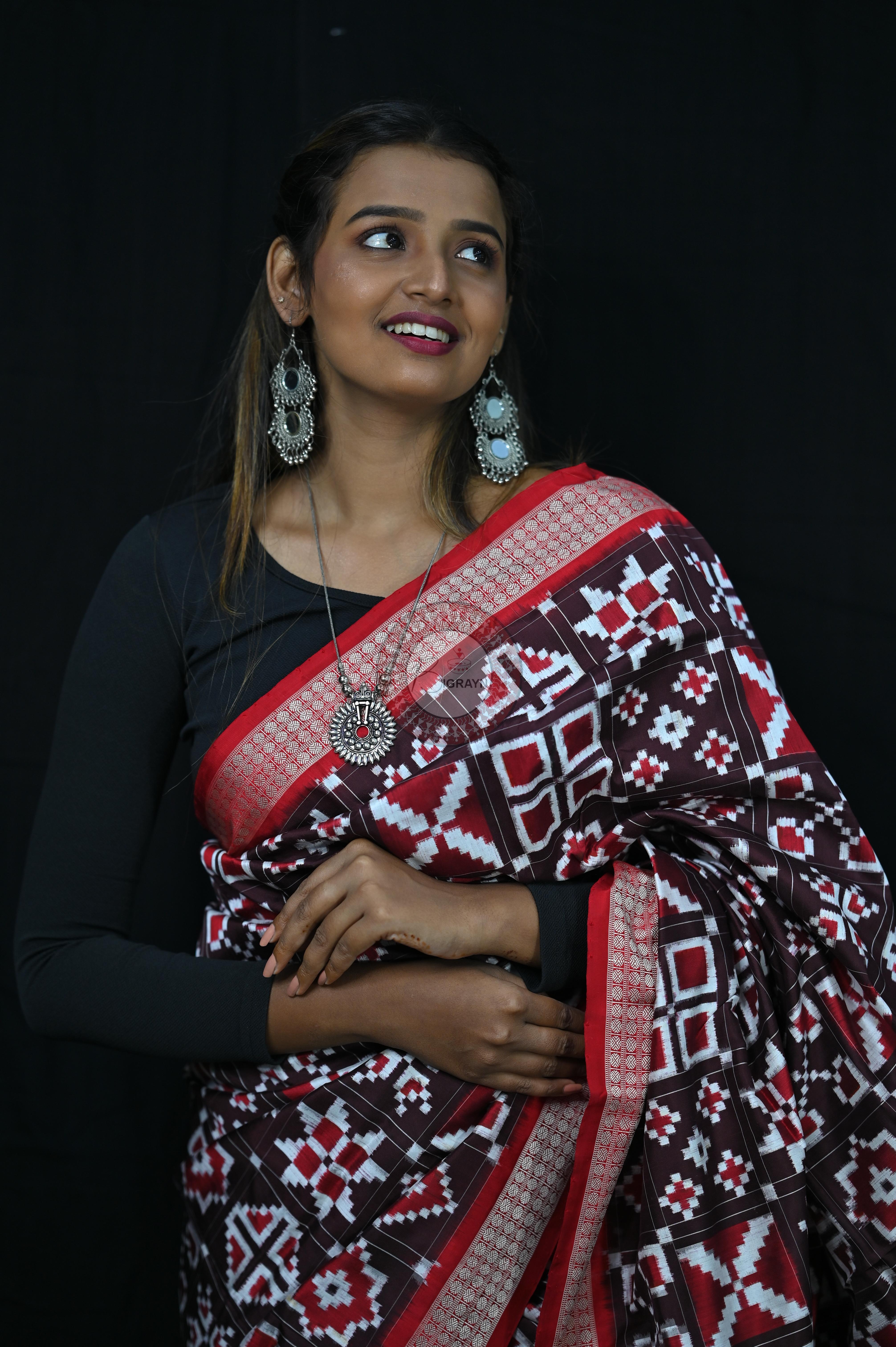 Coffee Red Telia Rumal Sambalpuri Silk Saree