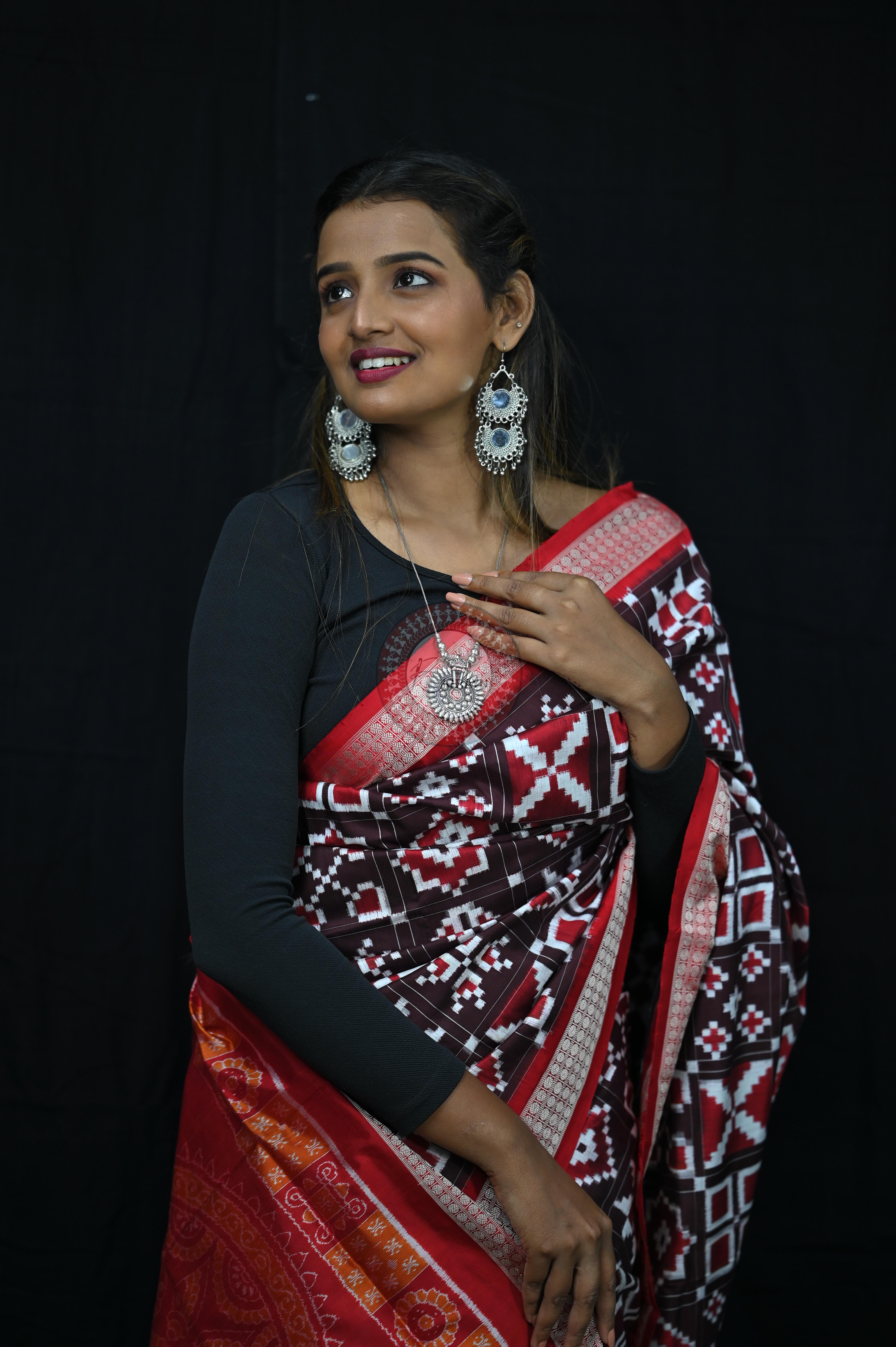 Coffee Red Telia Rumal Sambalpuri Silk Saree
