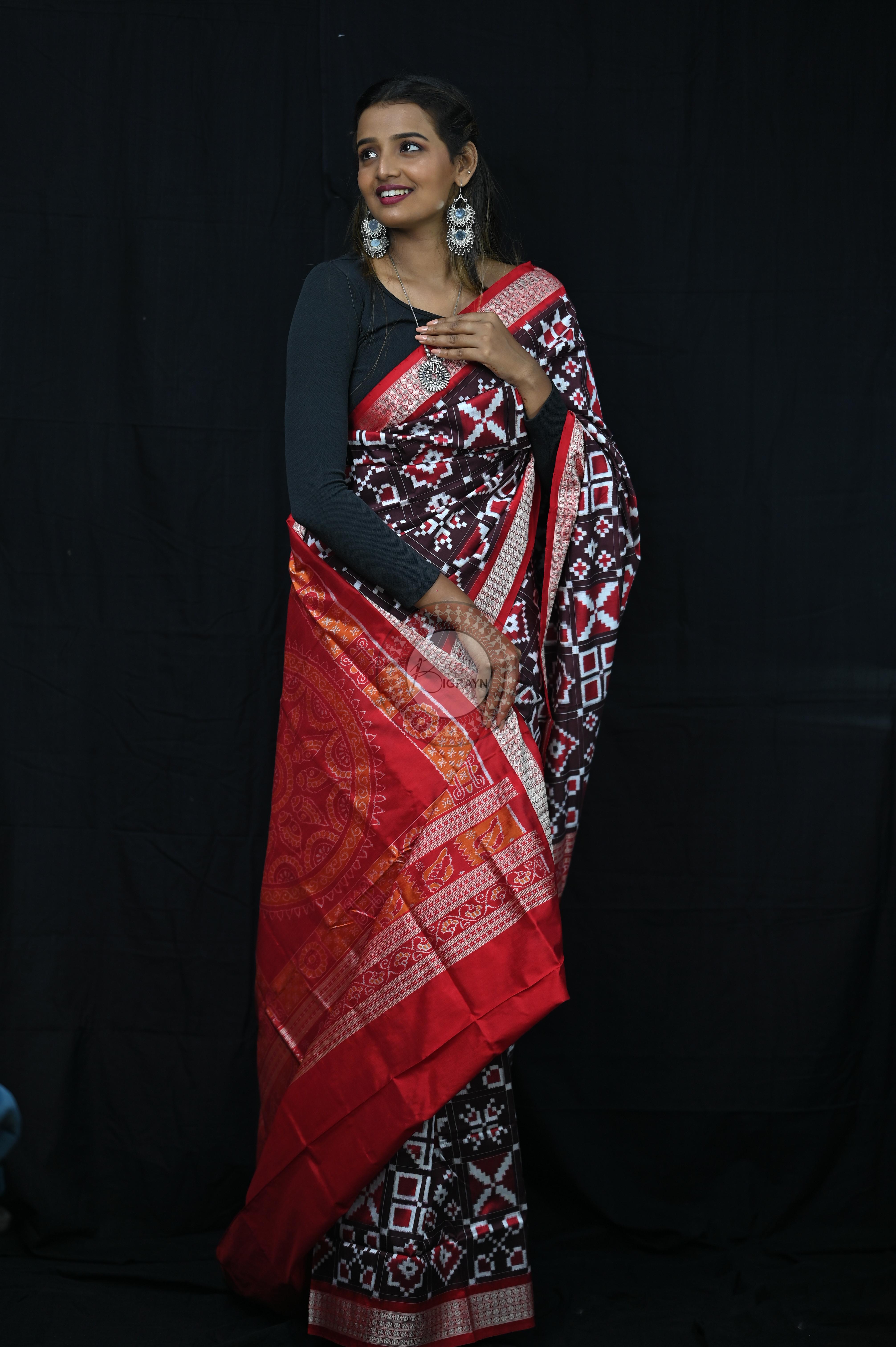 Coffee Red Telia Rumal Sambalpuri Silk Saree