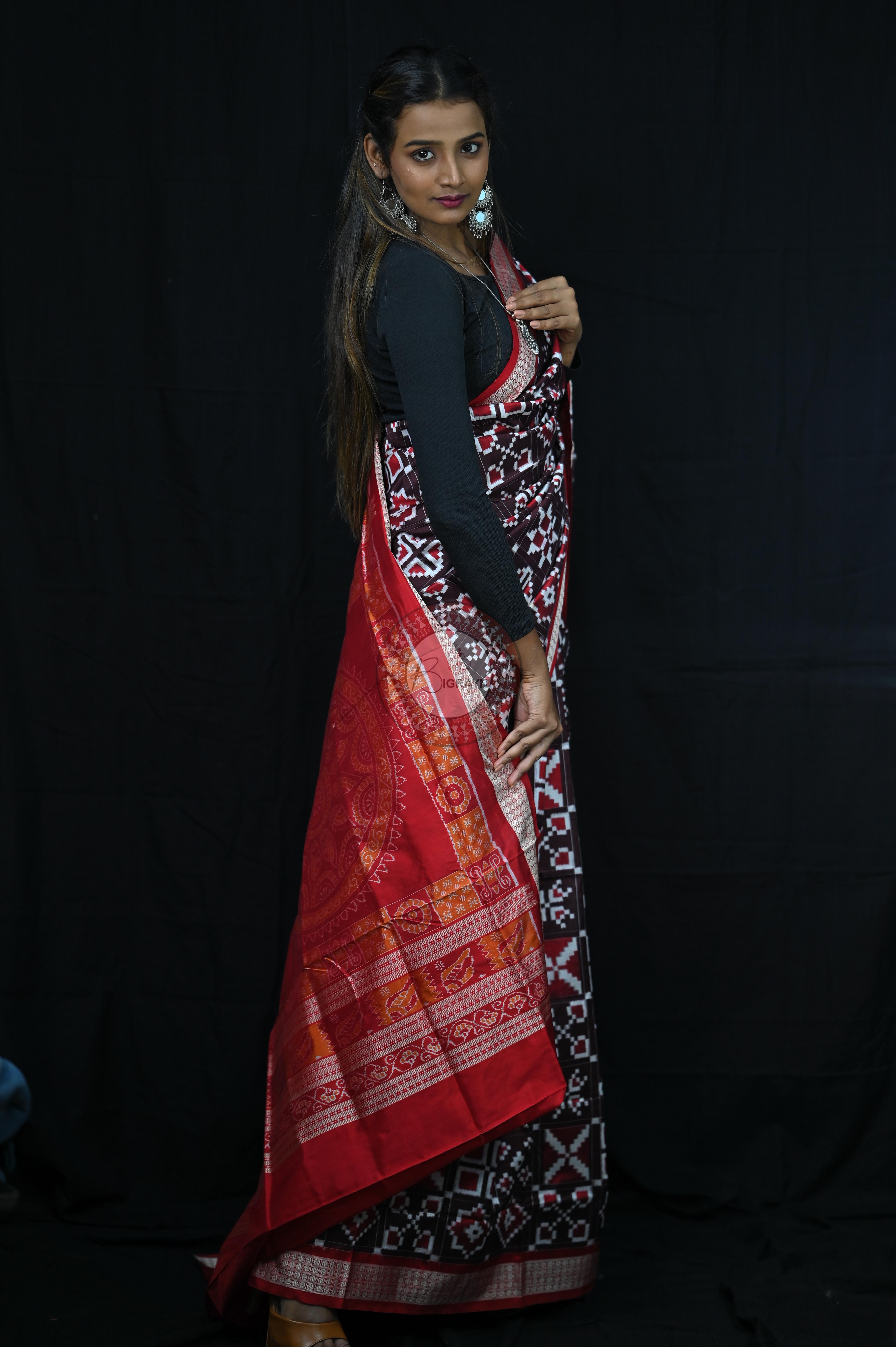 Coffee Red Telia Rumal Sambalpuri Silk Saree