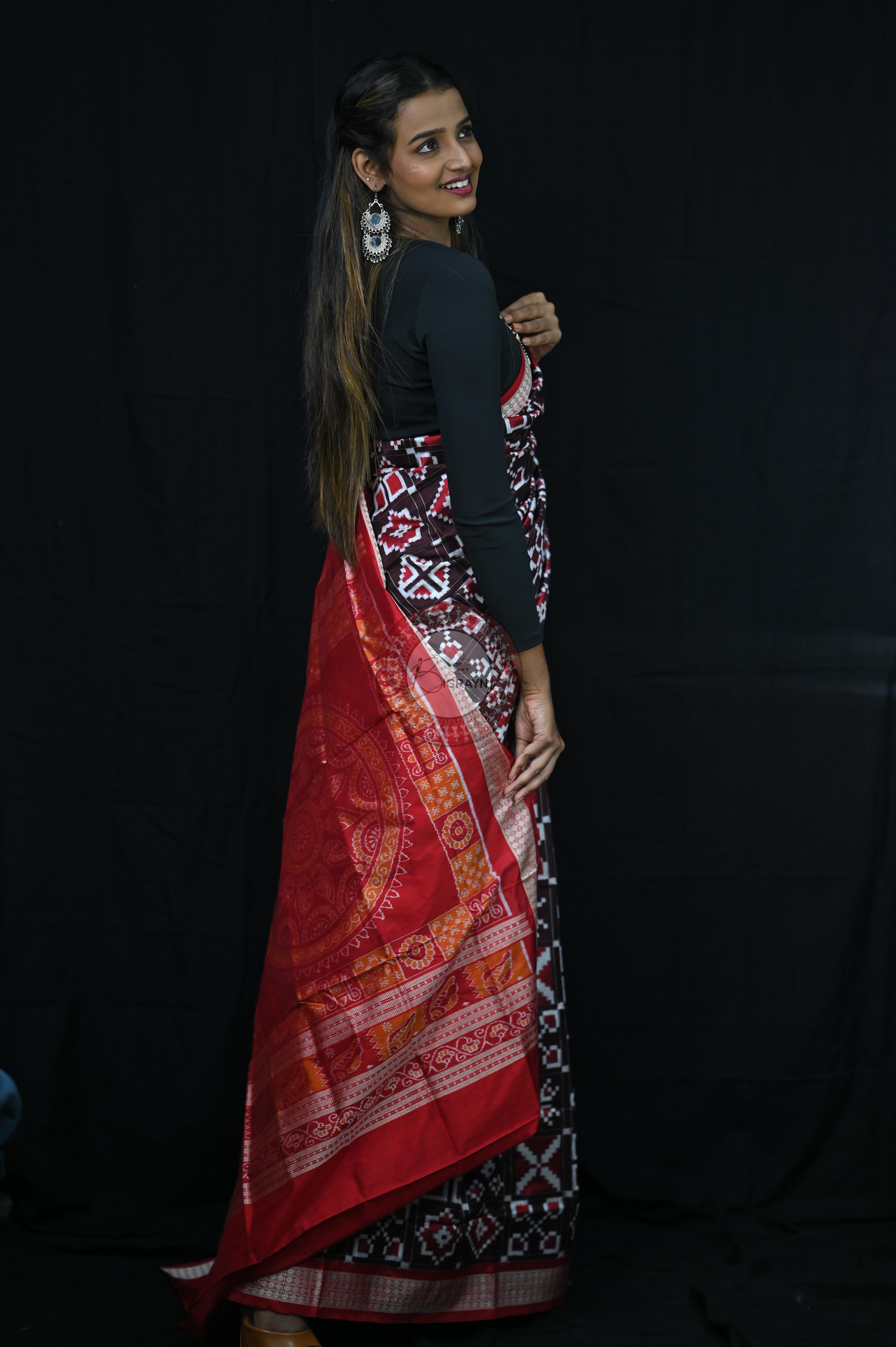 Coffee Red Telia Rumal Sambalpuri Silk Saree