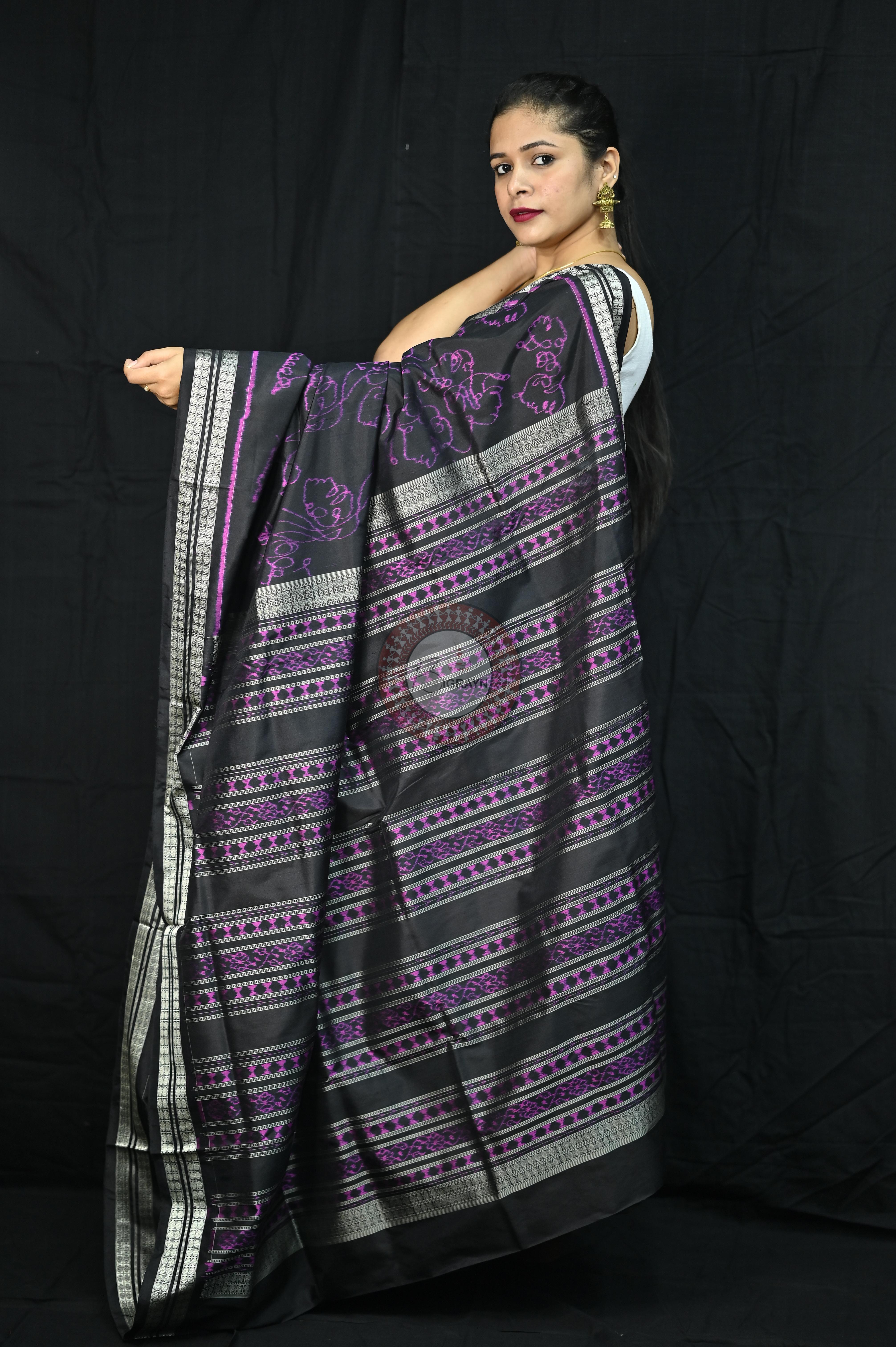 Black Magenta Women Head Sambalpuri Silk Saree