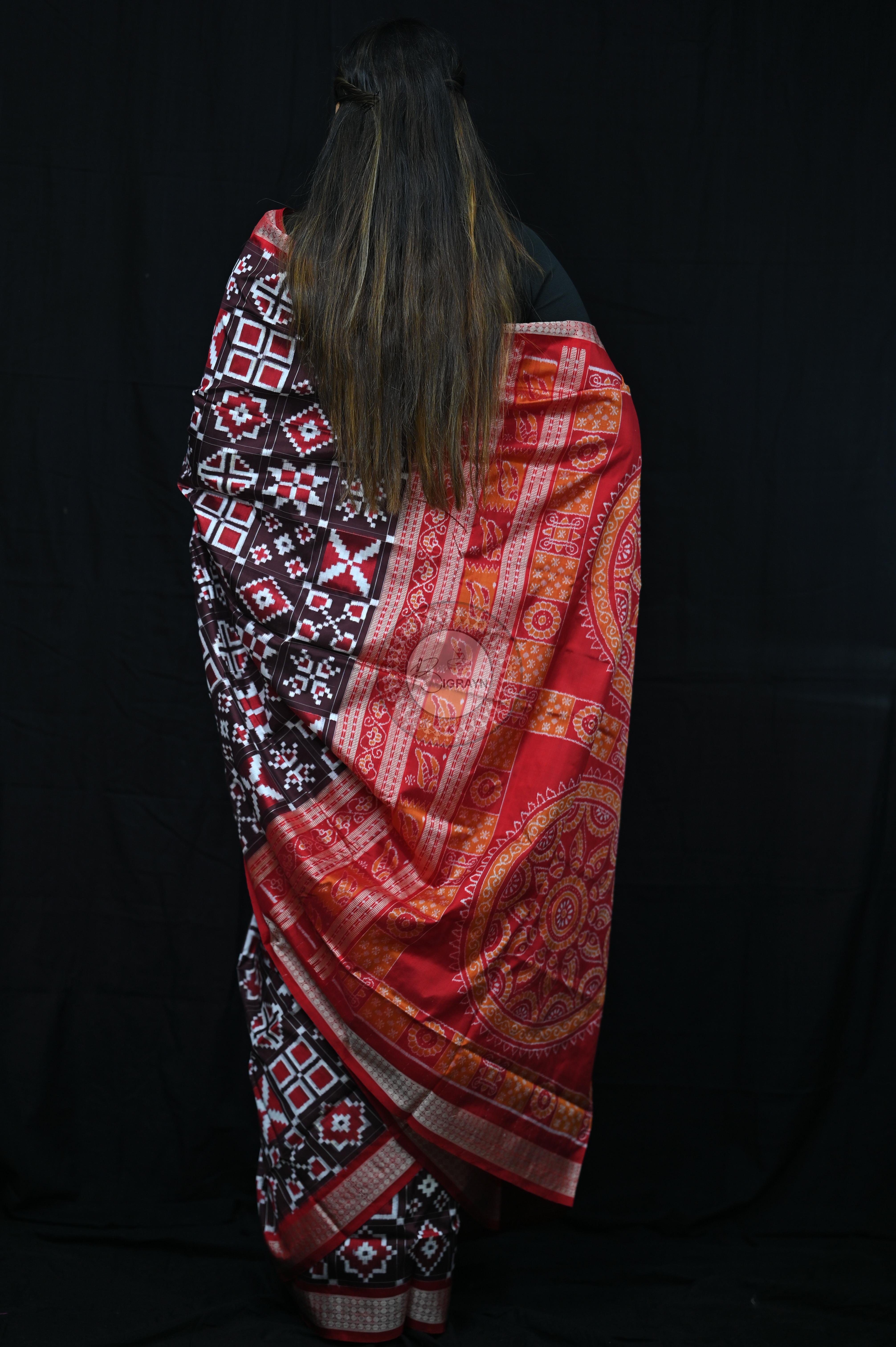 Coffee Red Telia Rumal Sambalpuri Silk Saree