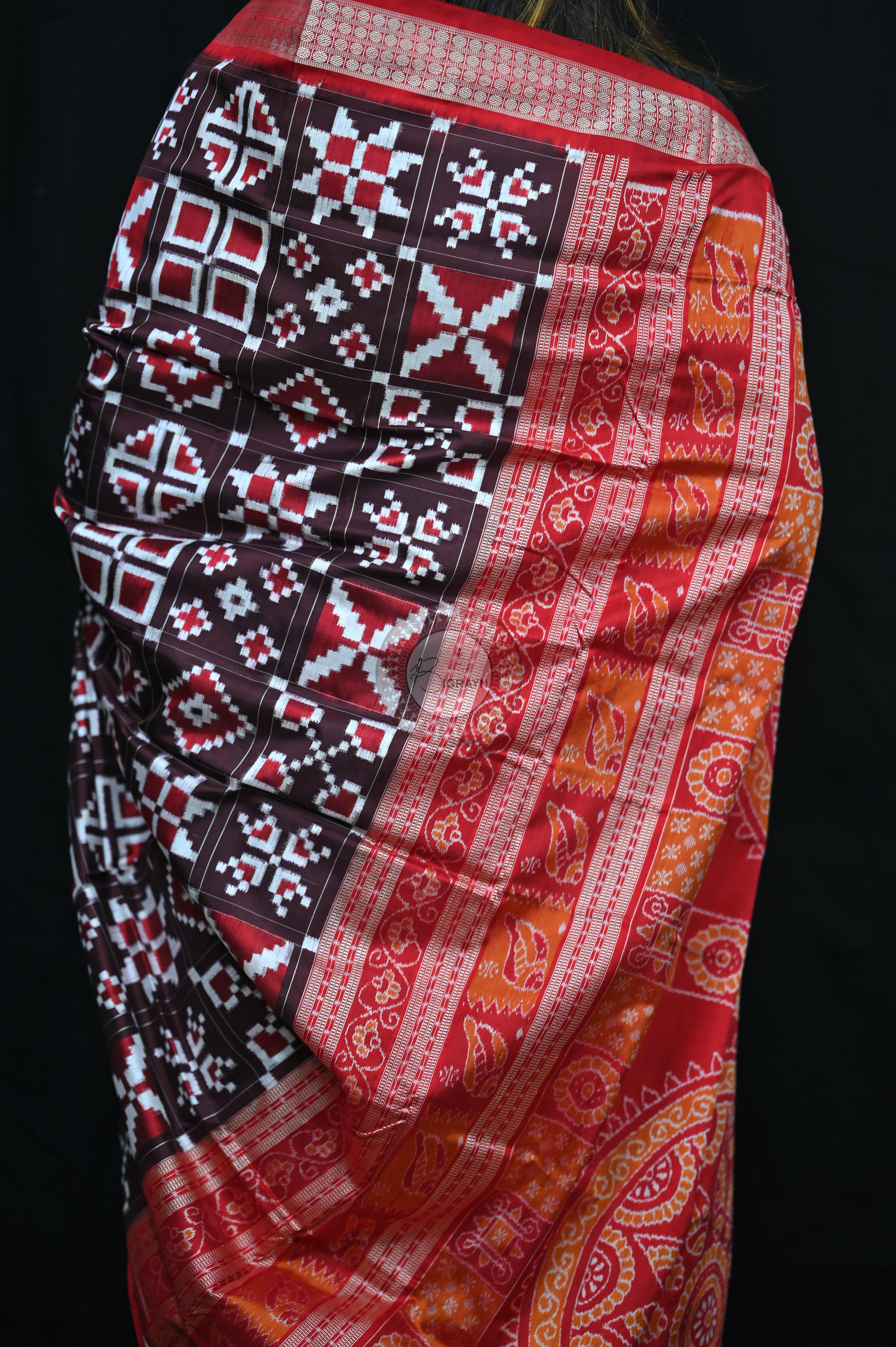 Coffee Red Telia Rumal Sambalpuri Silk Saree