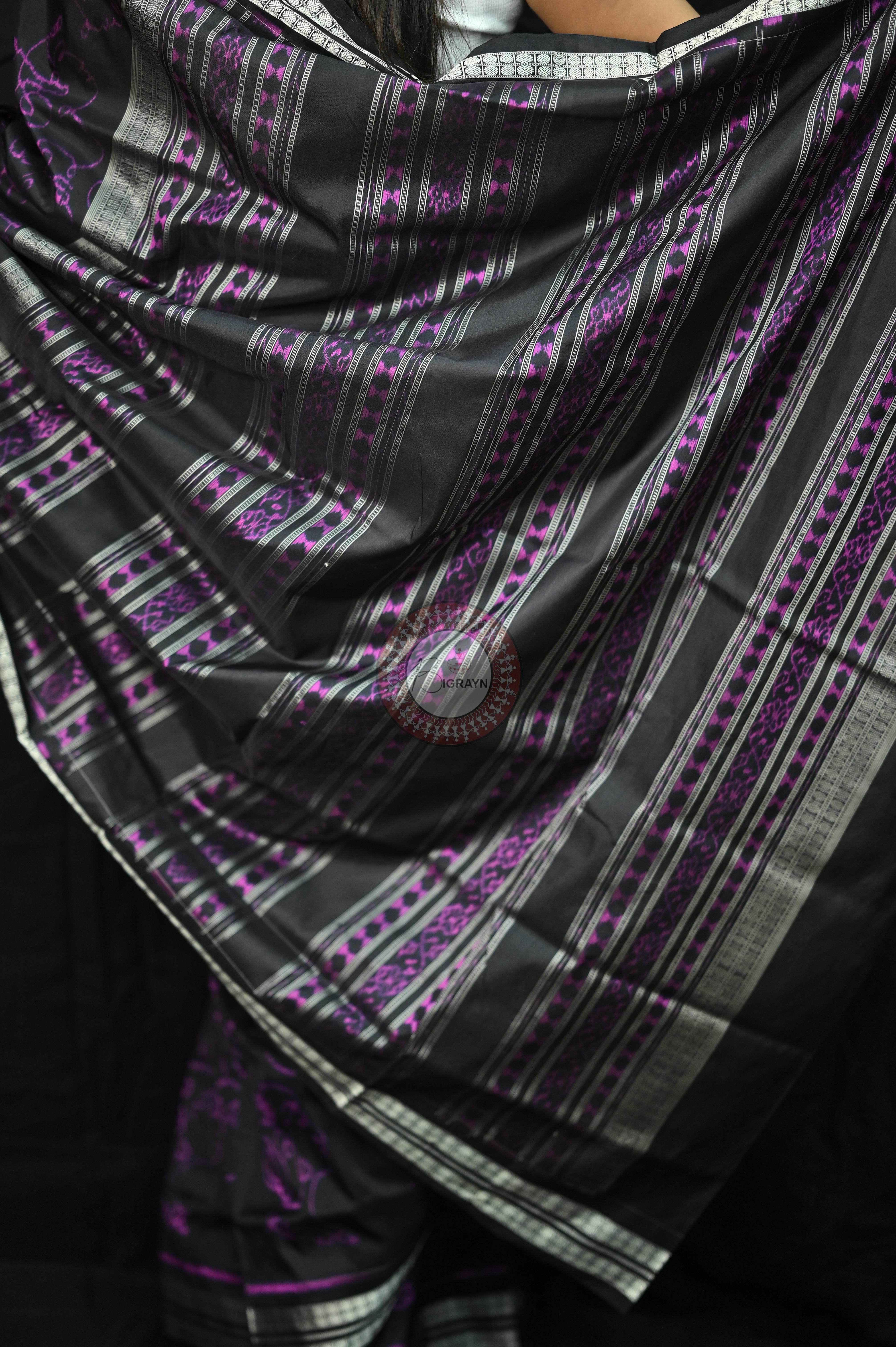 Black Magenta Women Head Sambalpuri Silk Saree