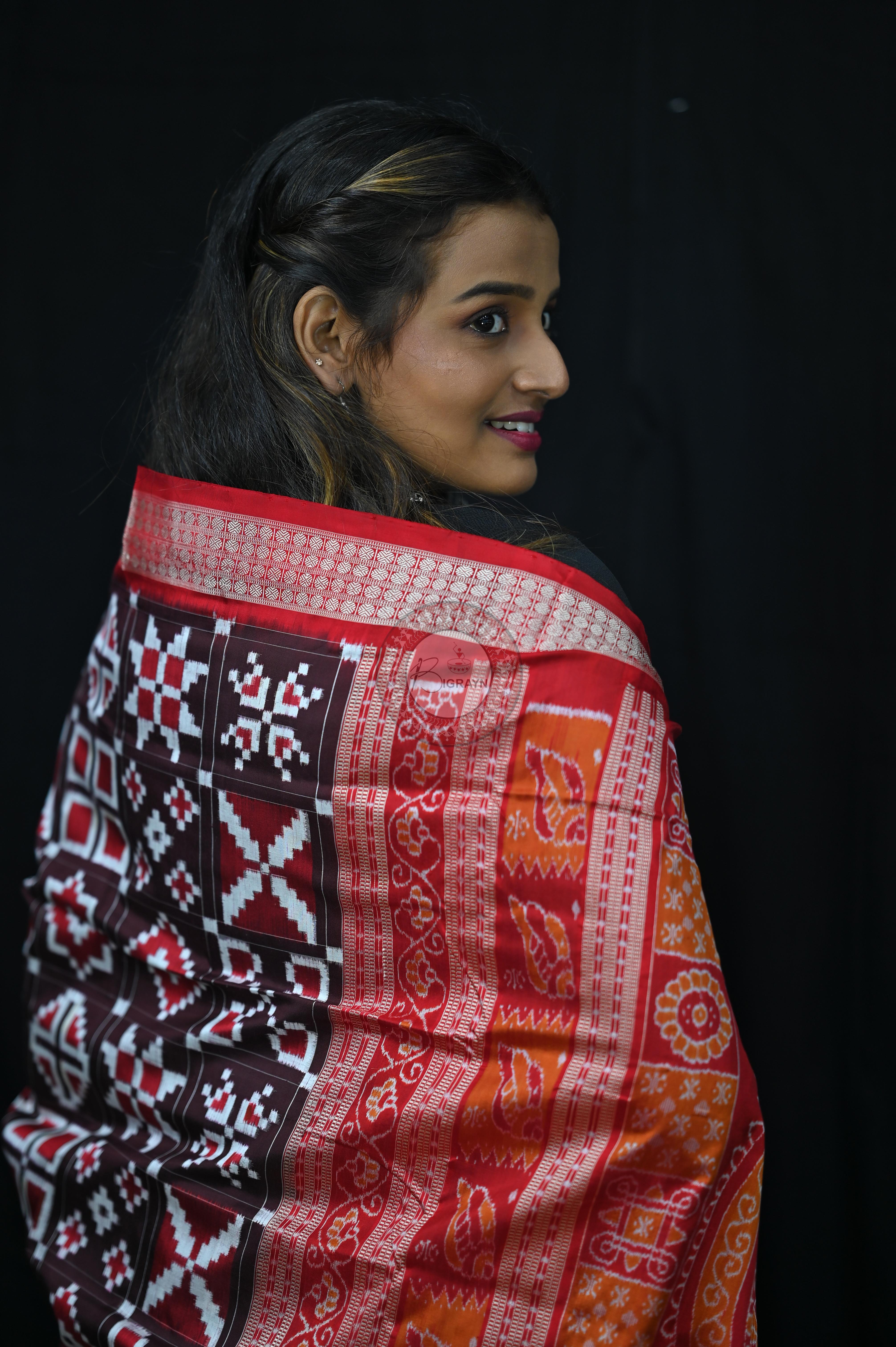 Coffee Red Telia Rumal Sambalpuri Silk Saree