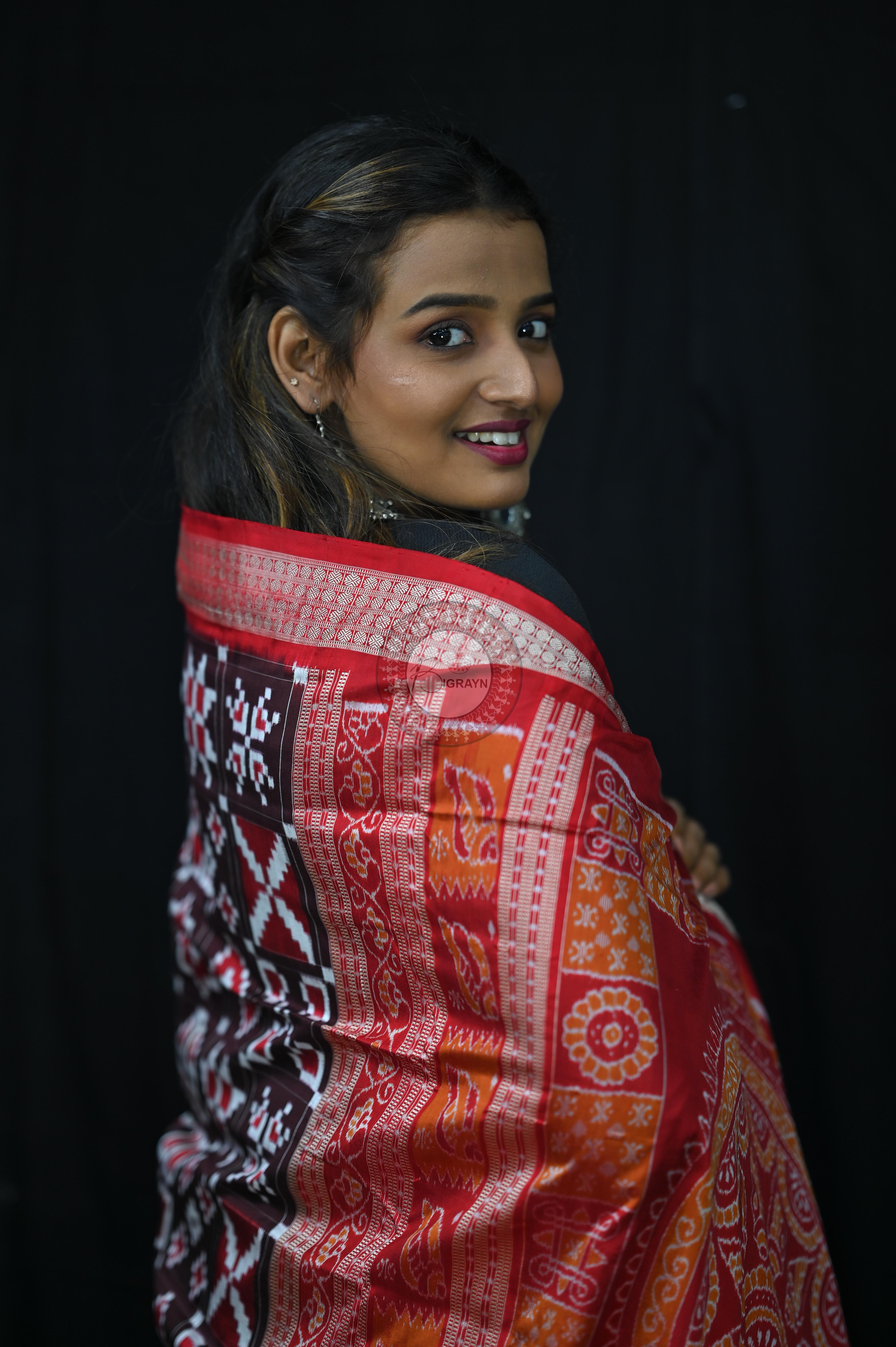 Coffee Red Telia Rumal Sambalpuri Silk Saree