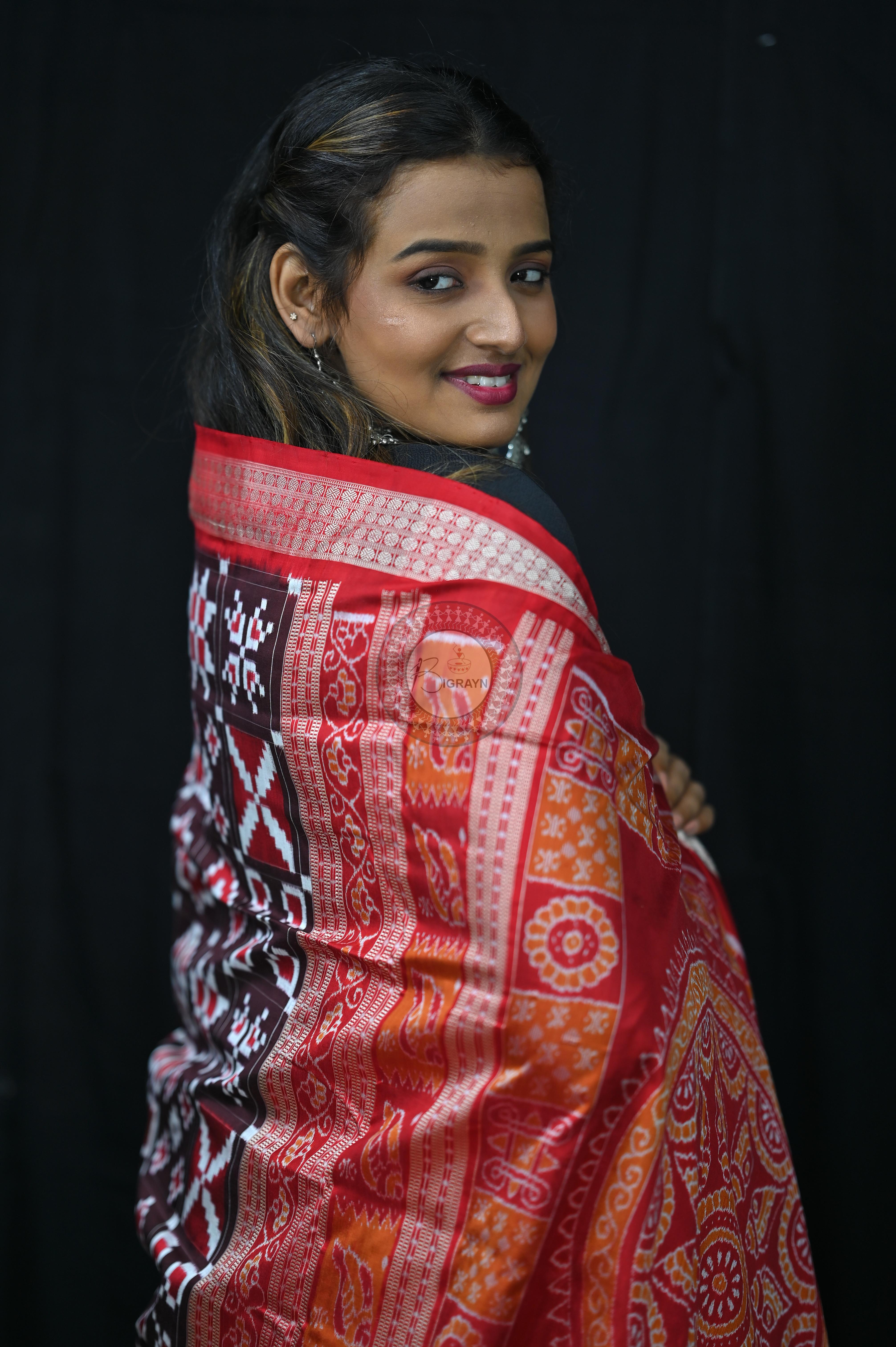 Coffee Red Telia Rumal Sambalpuri Silk Saree